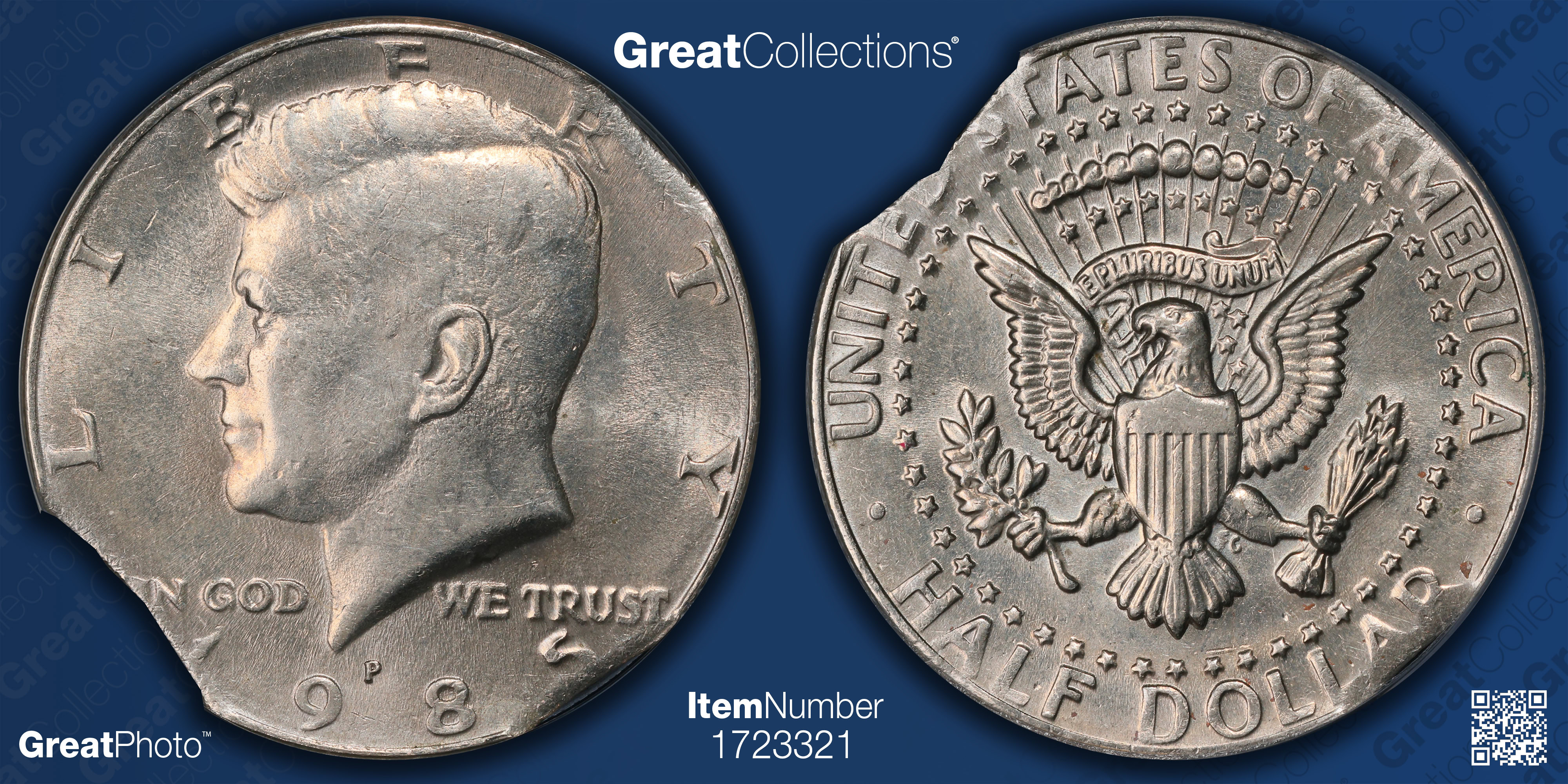 Mint Error 1985-P Kennedy Half Dollar Triple Curved Clip ANACS AU