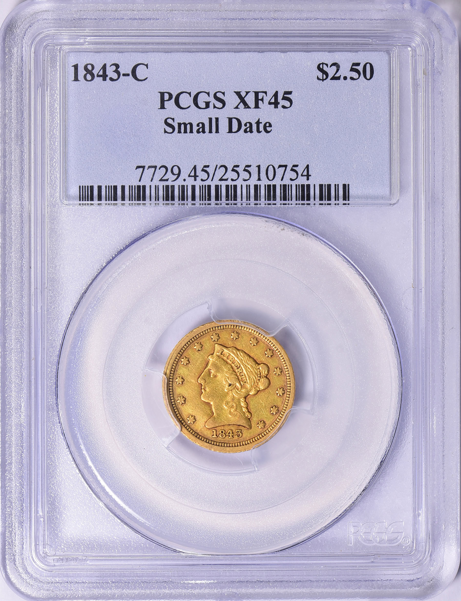 1843-C Liberty Gold Quarter Eagle Small Date, Crosslet 4 PCGS XF-45 ...