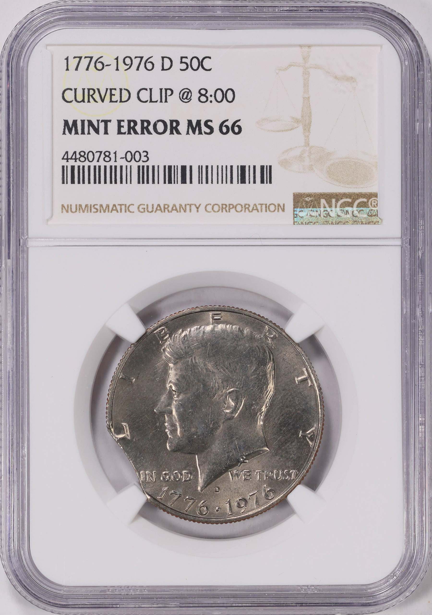 Mint Error 1976-D Kennedy Half Dollar Curved Clip at 8:00 NGC MS