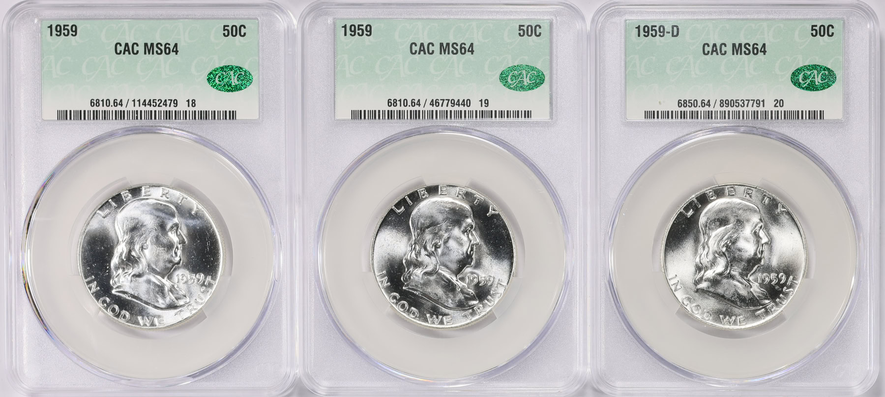 1959 (2) and 1959-D Franklin Half Dollar CACG MS-64 (3 Coins) (Item ...
