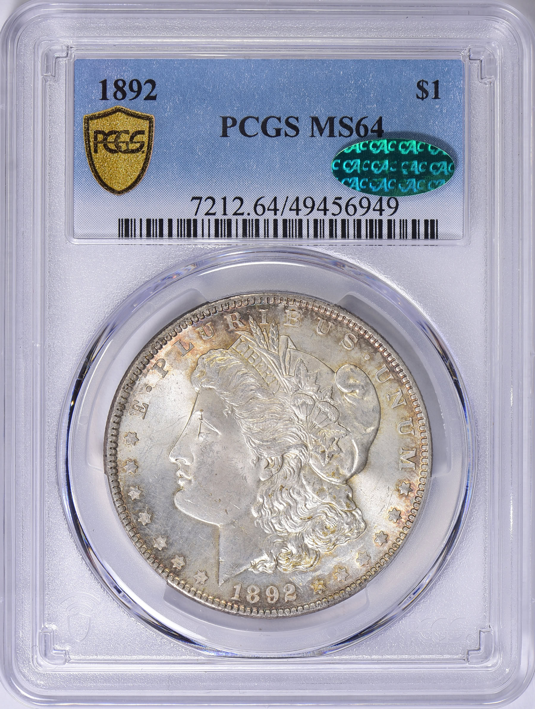 1892 Morgan Silver Dollar PCGS MS-64 (CAC Green) (Toned) (Item 1724032 ...