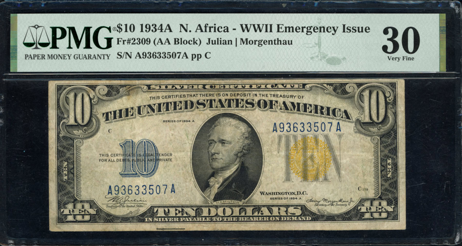Fr. 2309 (AA Block) 1934A $10 N. Africa WWII Emergency Issue Note ...
