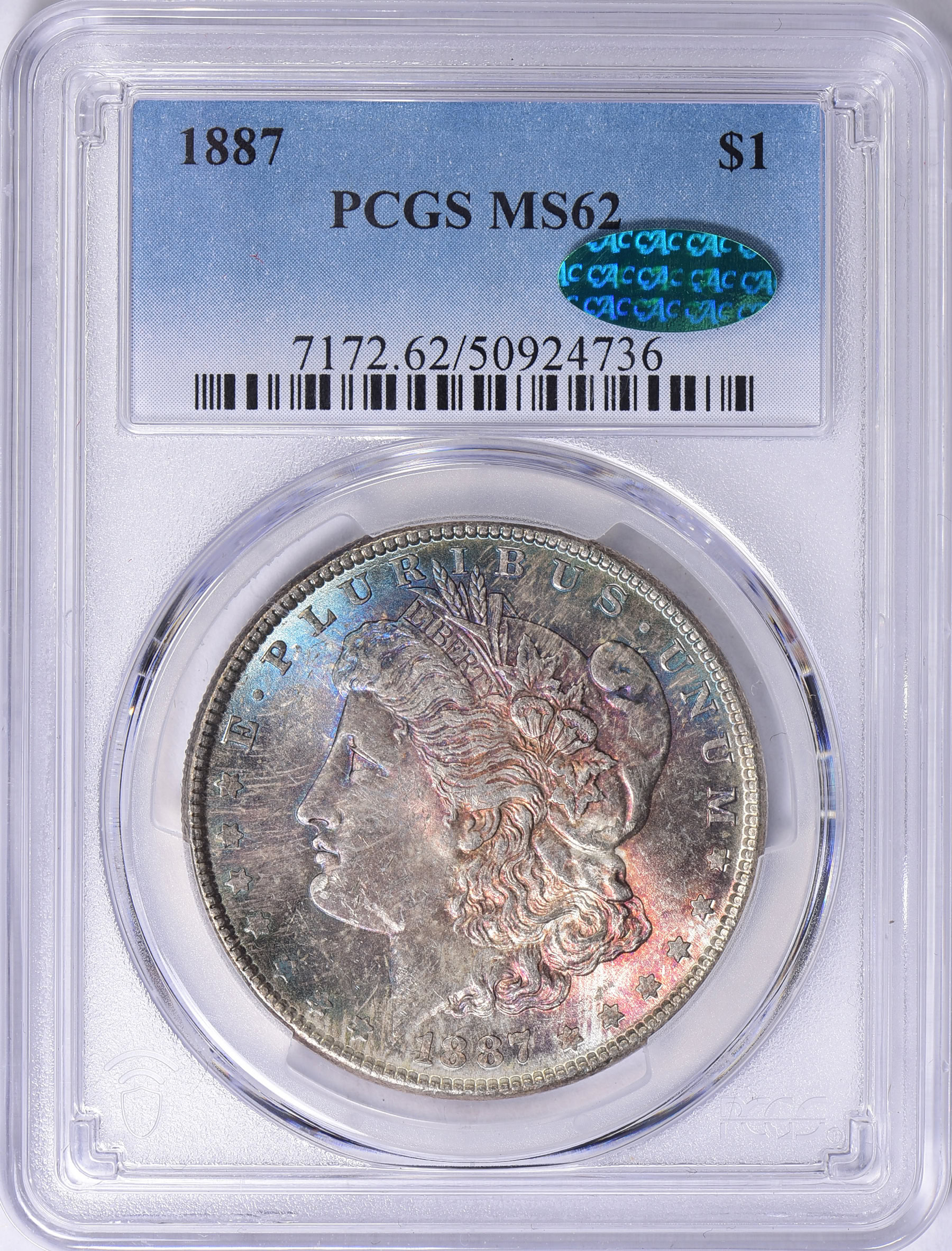 アメリカ　モルガンダラー銀貨1887 MS-62 PCGS 1887 Morgan Silver Dollar PCGS MS-62 (CAC Green) (Toned) (Item