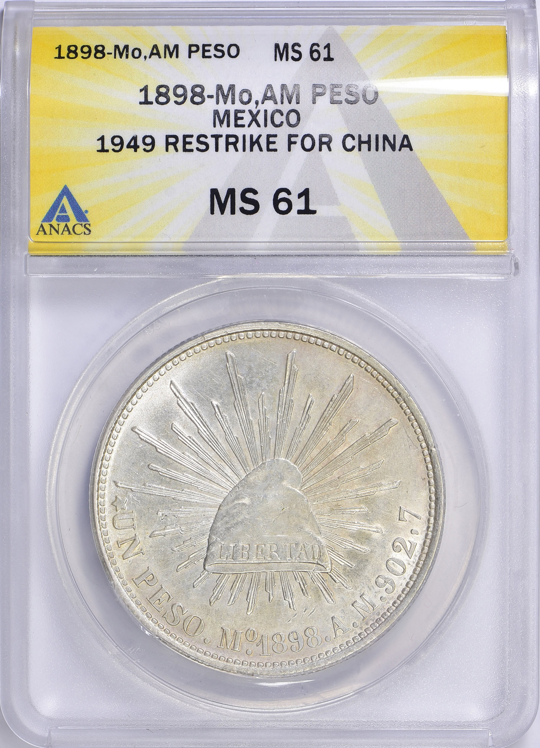 Mexico 1898-Mo AM Silver Peso 1949 Restrike for China KM-409.2
