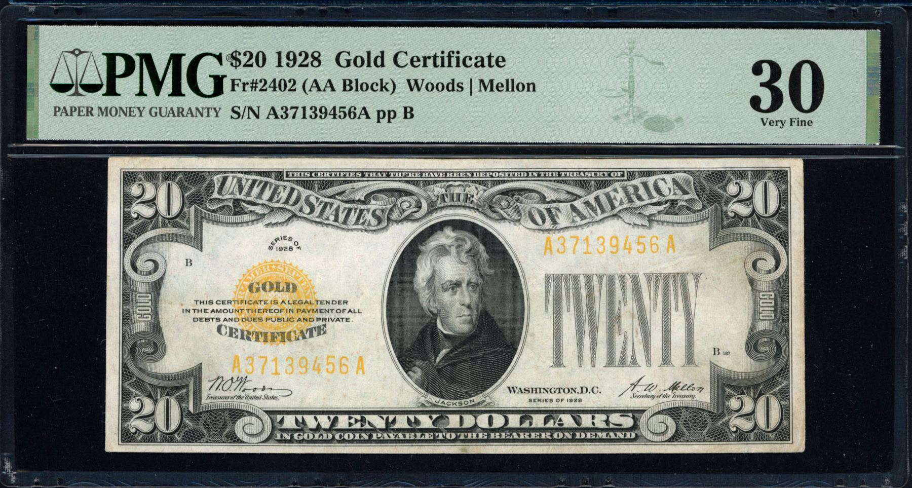 Fr. 2402 (AA Block) 1928 $20 Gold Certificate Note Woods / Mellon PMG ...