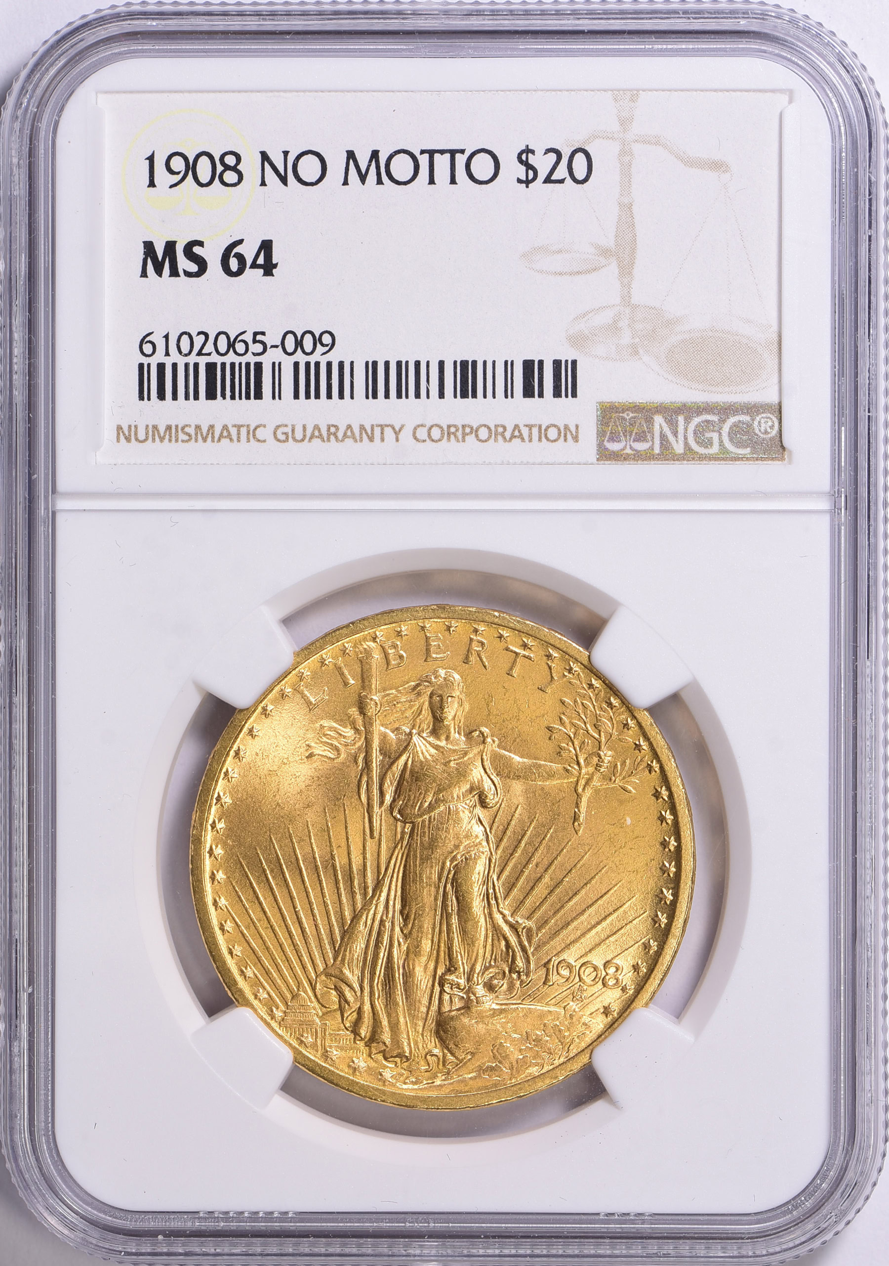 1908 Saint-Gaudens Gold Double Eagle No Motto NGC MS-64 (Item