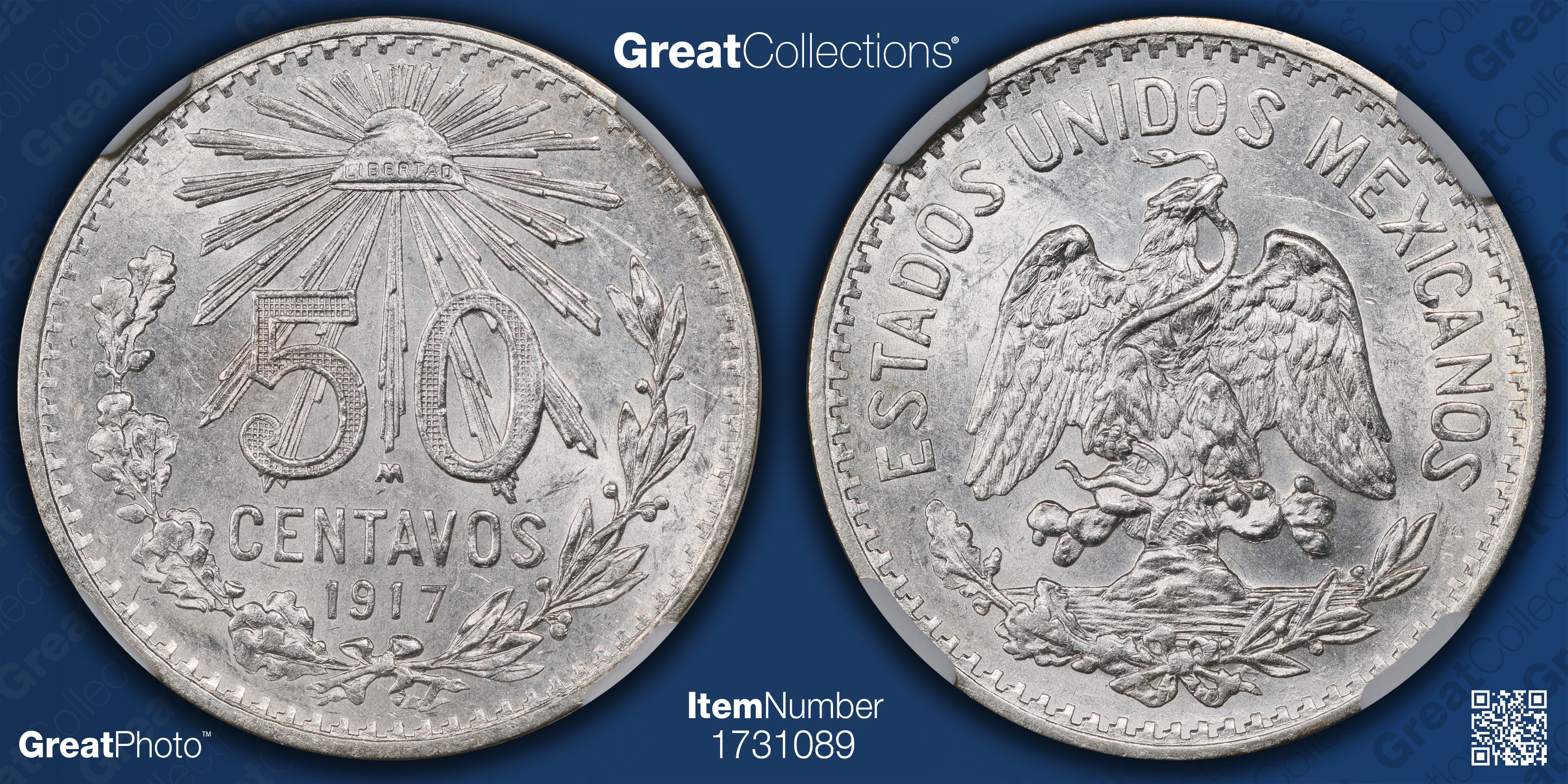 Mexico 1917-M Silver 50 Centavos KM-445 NGC MS-62 (Item 1731089