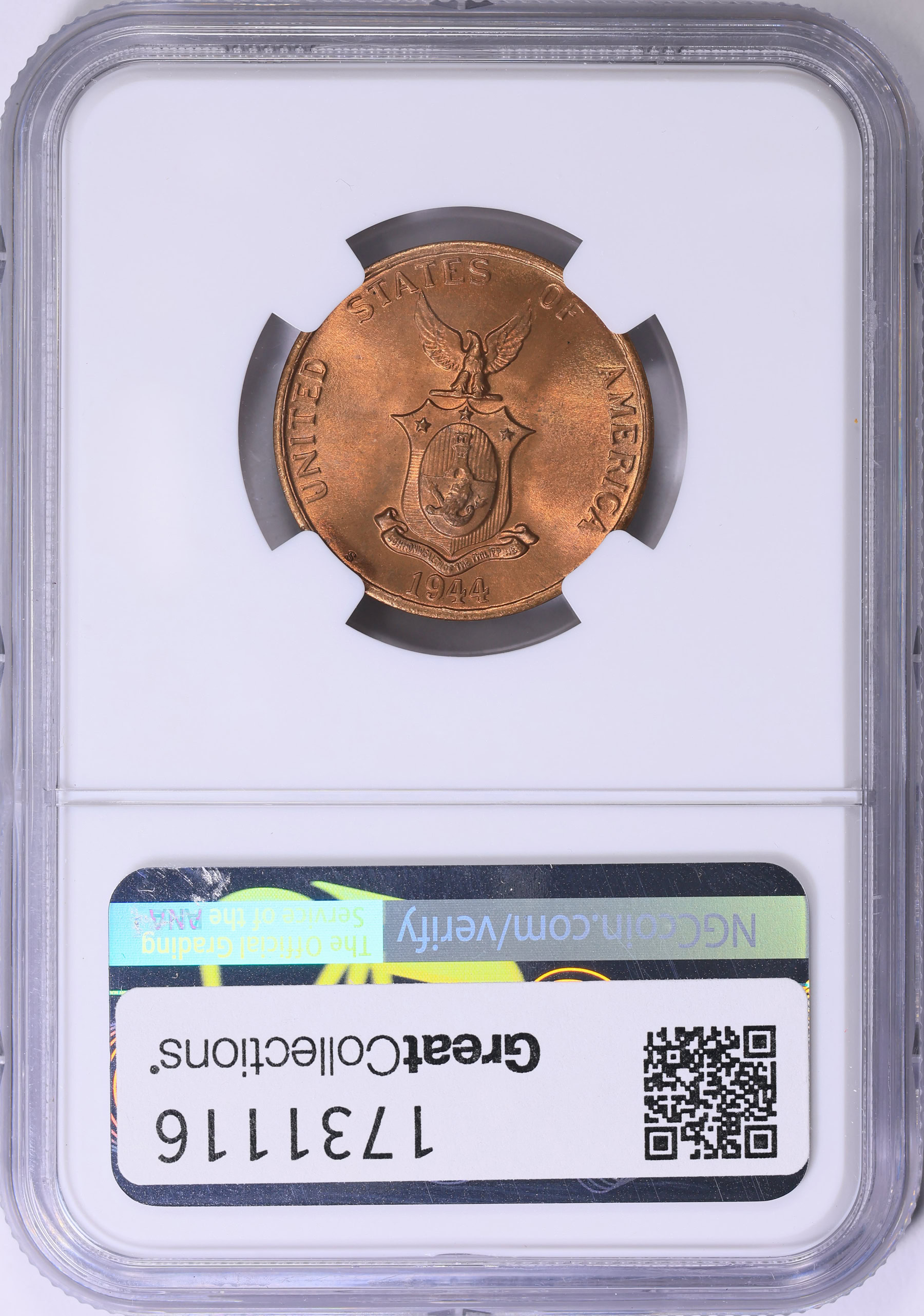 1944-S U.S. Philippines One Centavo NGC MS-65 RB (Item 1731116