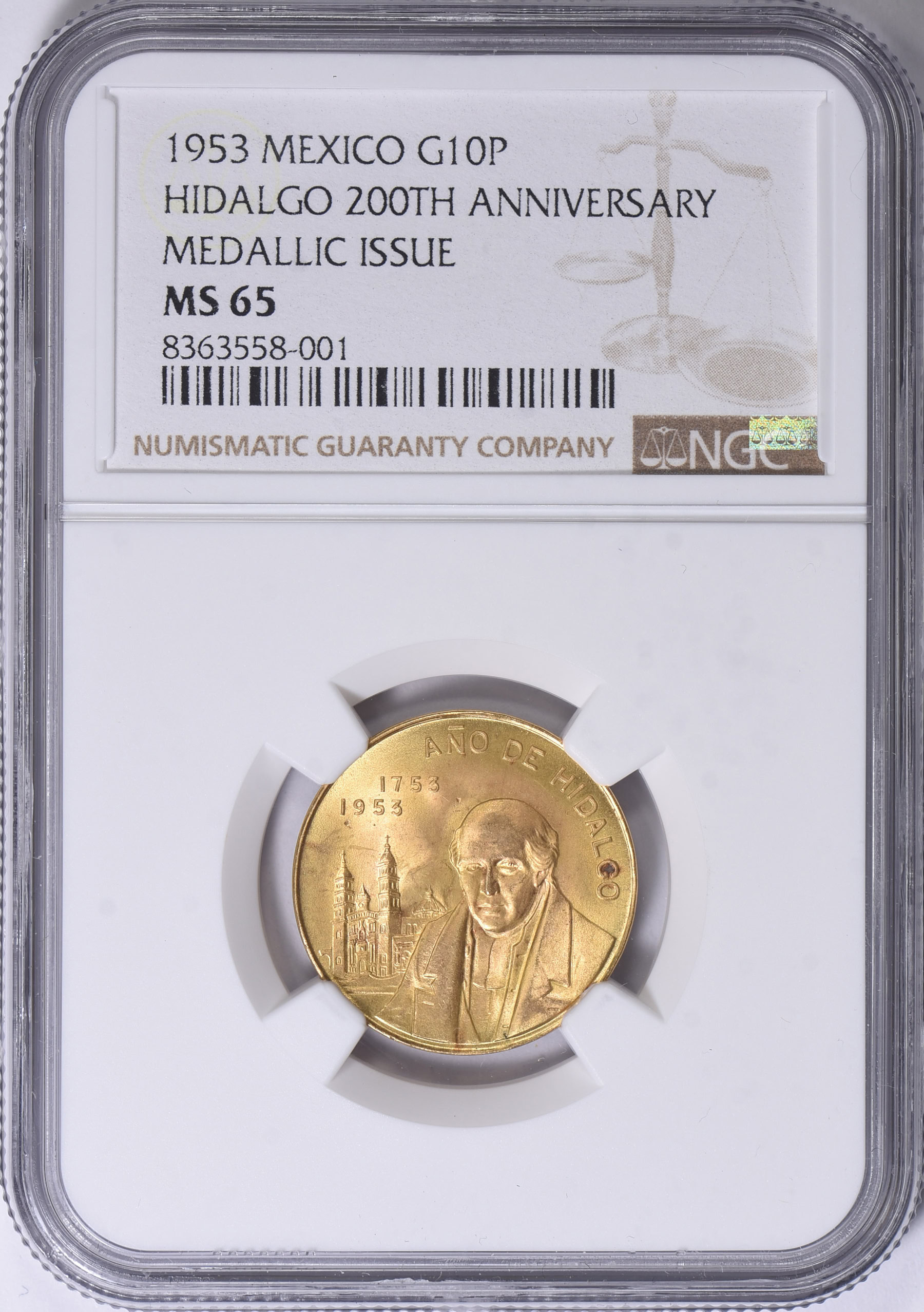 Mexico 1953 Gold Medallic 10 Pesos Birth of Hidalgo 200th