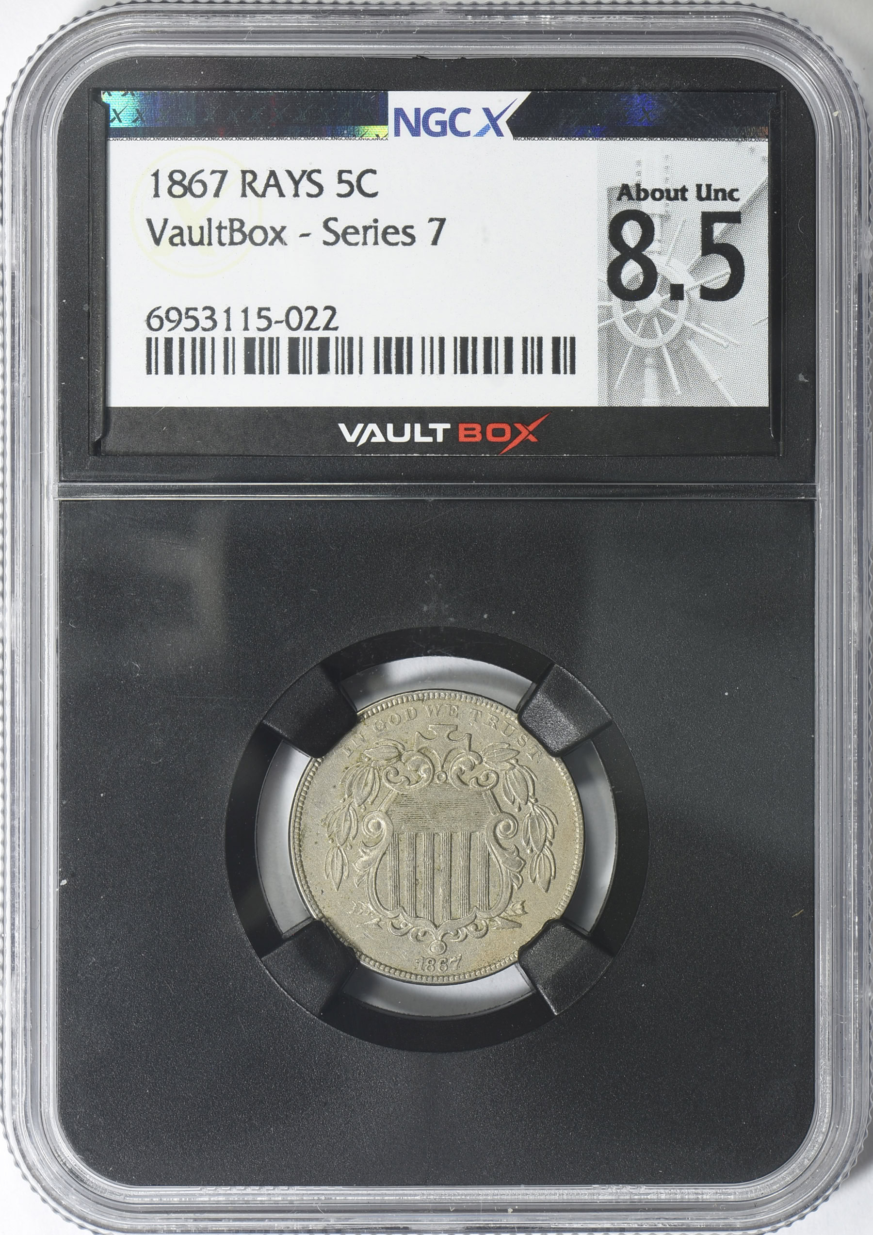 1867 Shield Nickel Rays NGCX About Unc 8.5 (NGC AU-55) (VaultBox