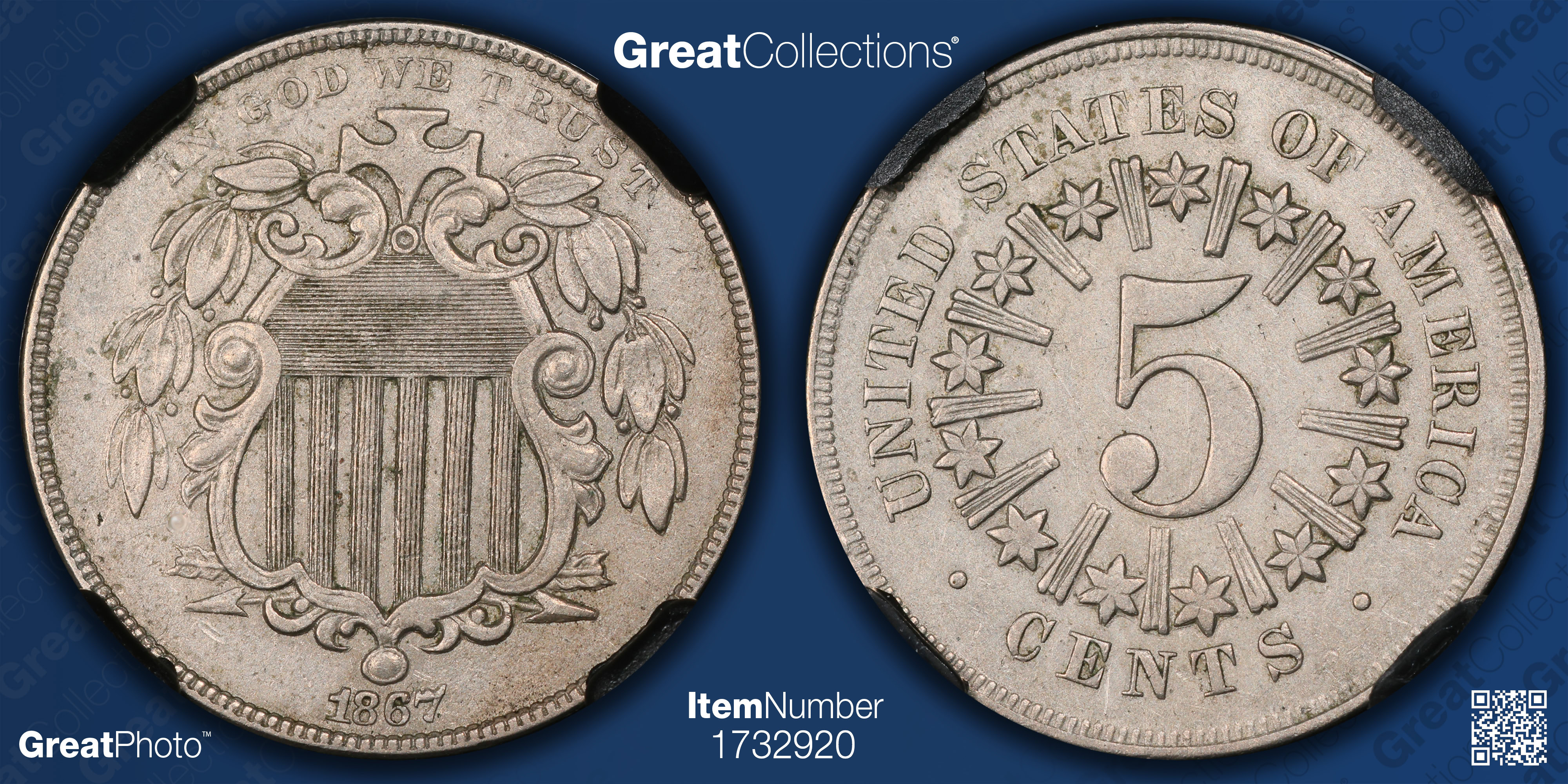 1867 Shield Nickel Rays NGCX About Unc 8.5 (NGC AU-55) (VaultBox