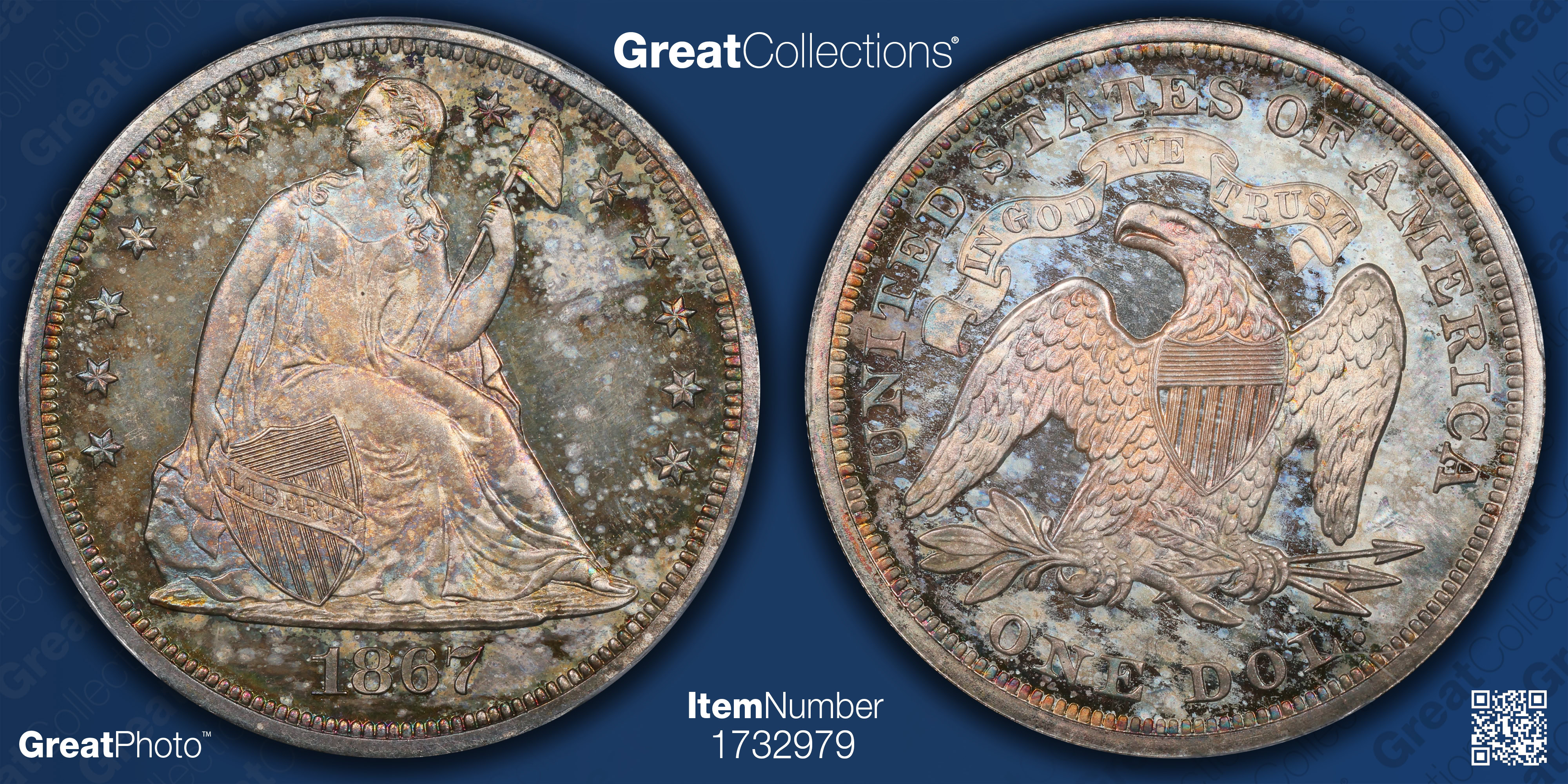 1867 Seated Liberty Silver Dollar PCGS Proof-64+ (CAC Green