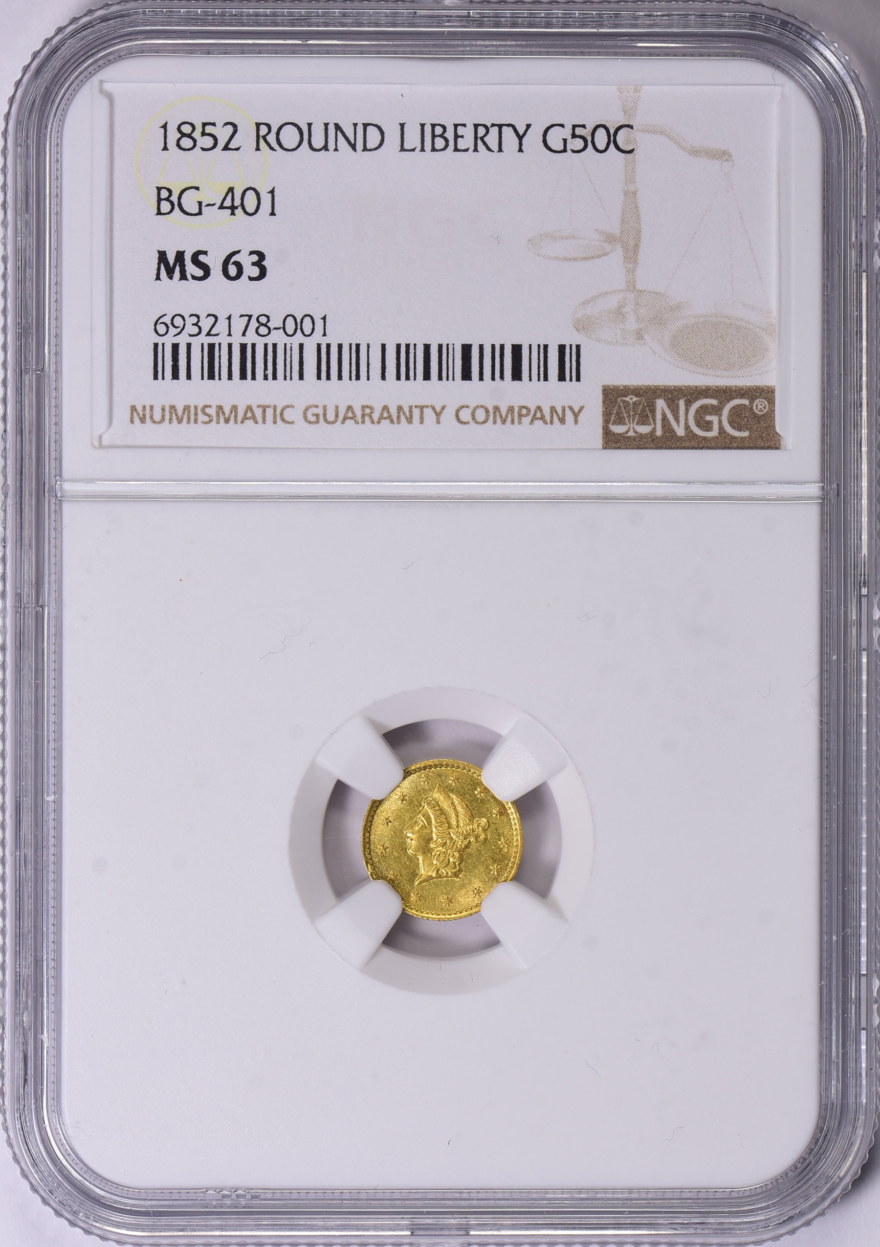 1852 California Fractional Gold 50c BG-401 NGC MS-63 (Item 1735734 ...
