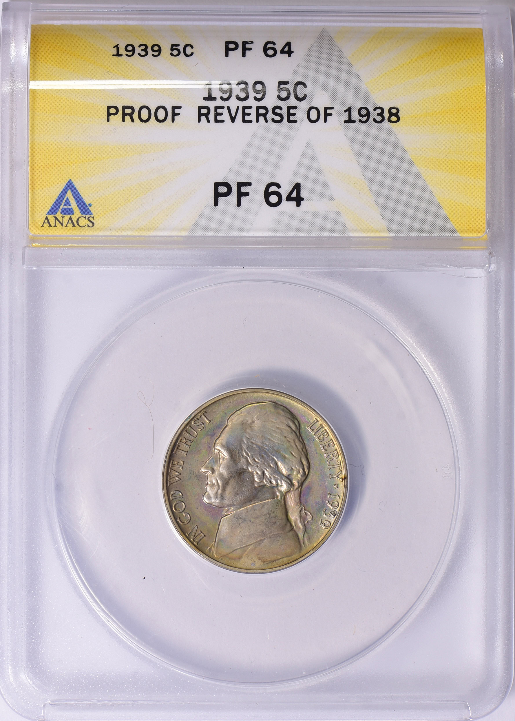 1939 Jefferson Nickel Reverse of 1938 ANACS Proof-64 (Toned) (Item ...
