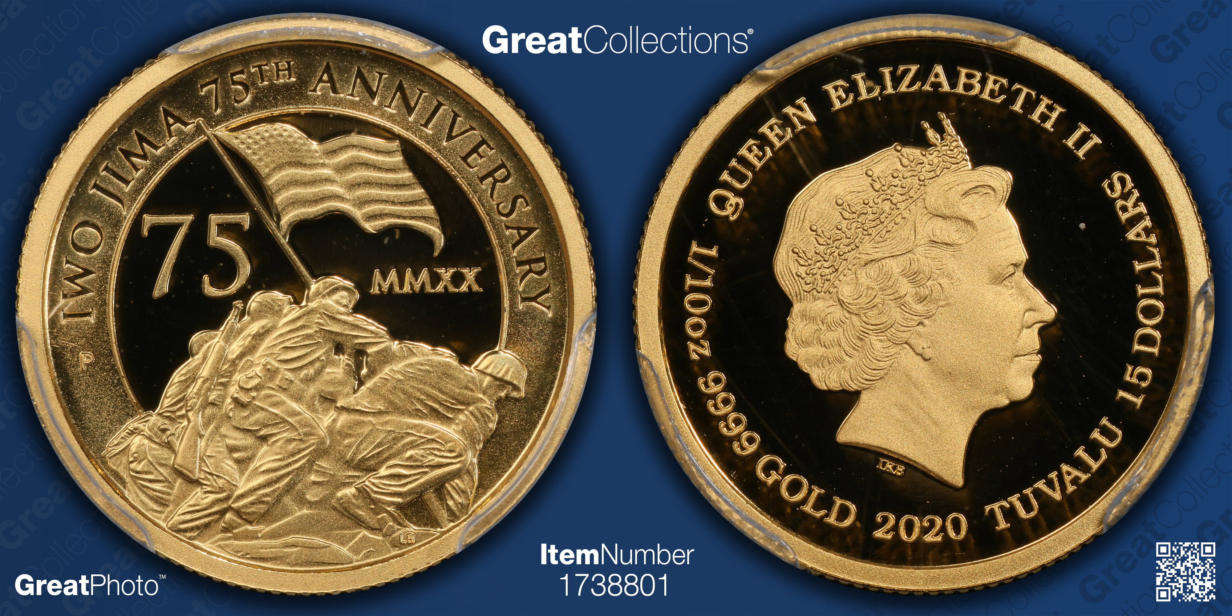 Tuvalu 2020-P Gold $15 Iwo Jima 75th Anniversary First Day of