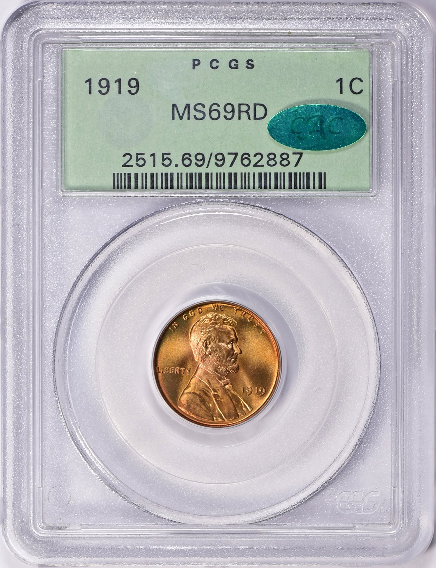 1919 Lincoln Cent PCGS MS-69 RD (CAC Green) OGH (Ex. Stewart Blay