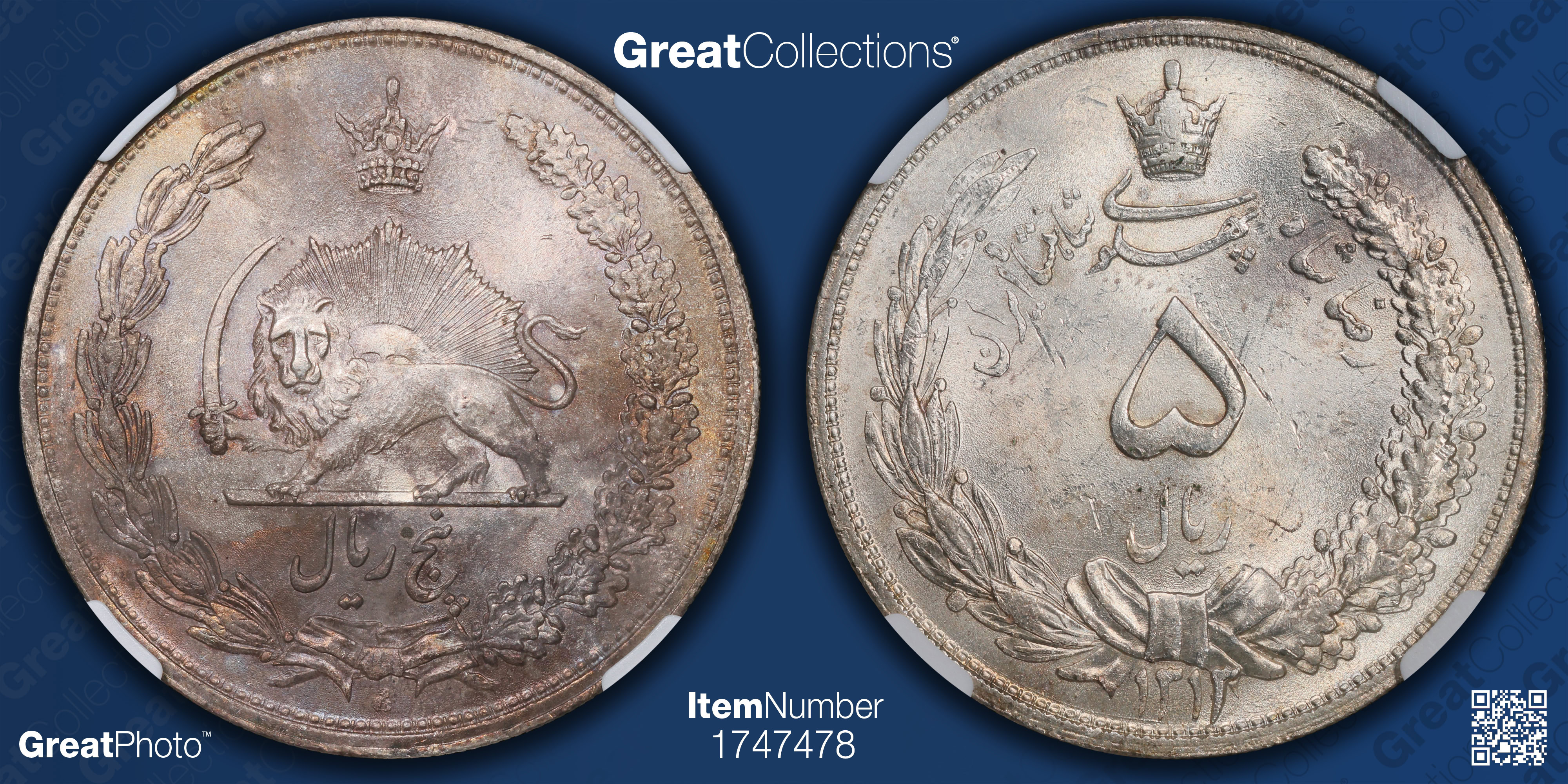 Iran SH 1313 (1934) Silver 5 Rials KM-1131 NGC MS-63+ (Item