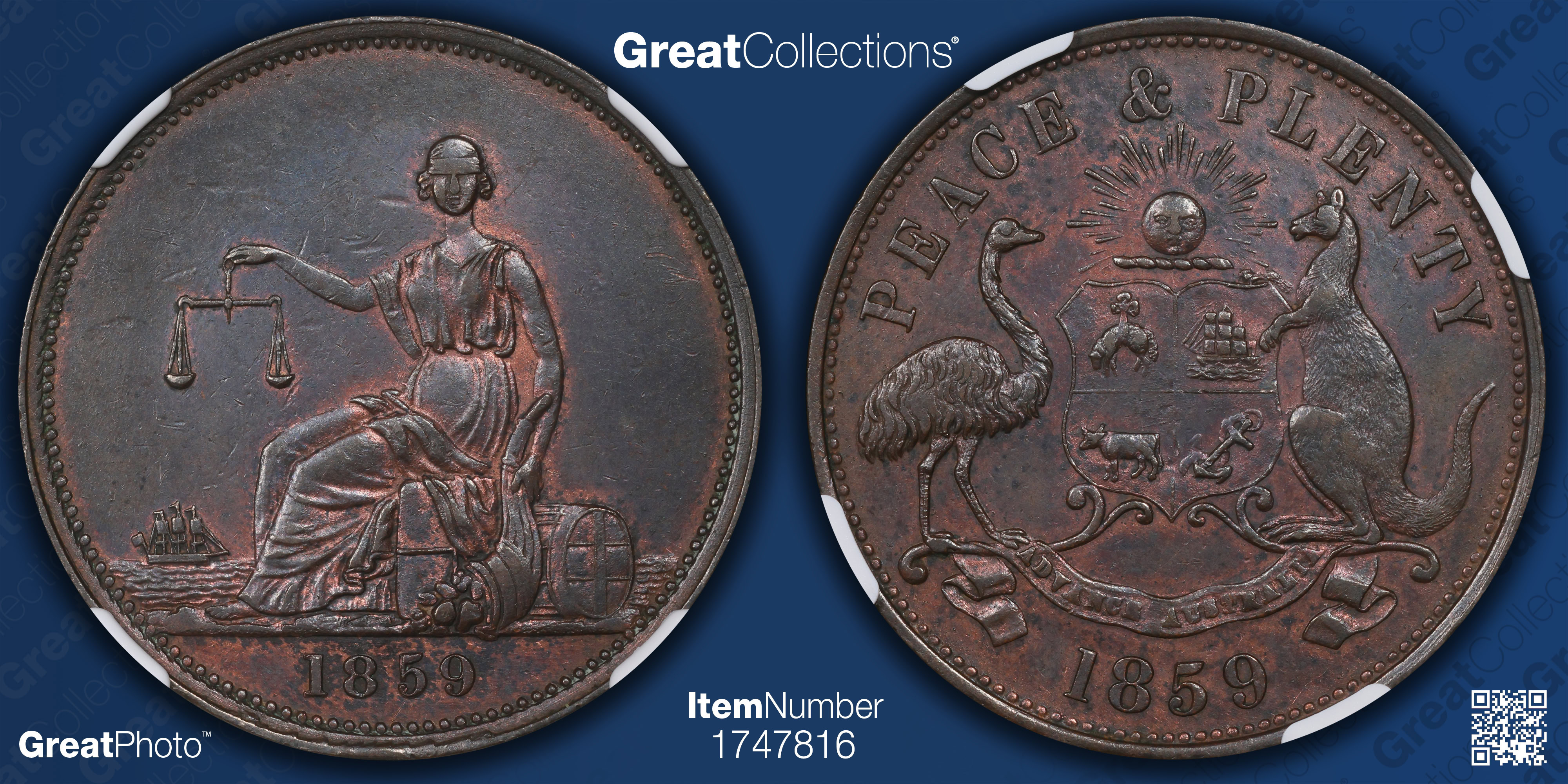 Australia - Melbourne, Victoria 1859 Penny Token Peace & Plenty KM
