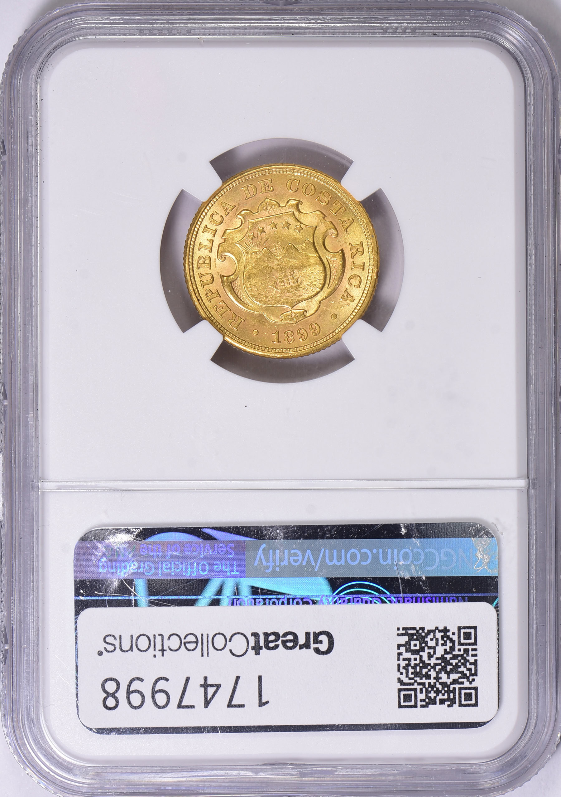 Costa Rica 1899 Gold 10 Colones KM-140 NGC MS-63 (AGW = 0.2251 oz