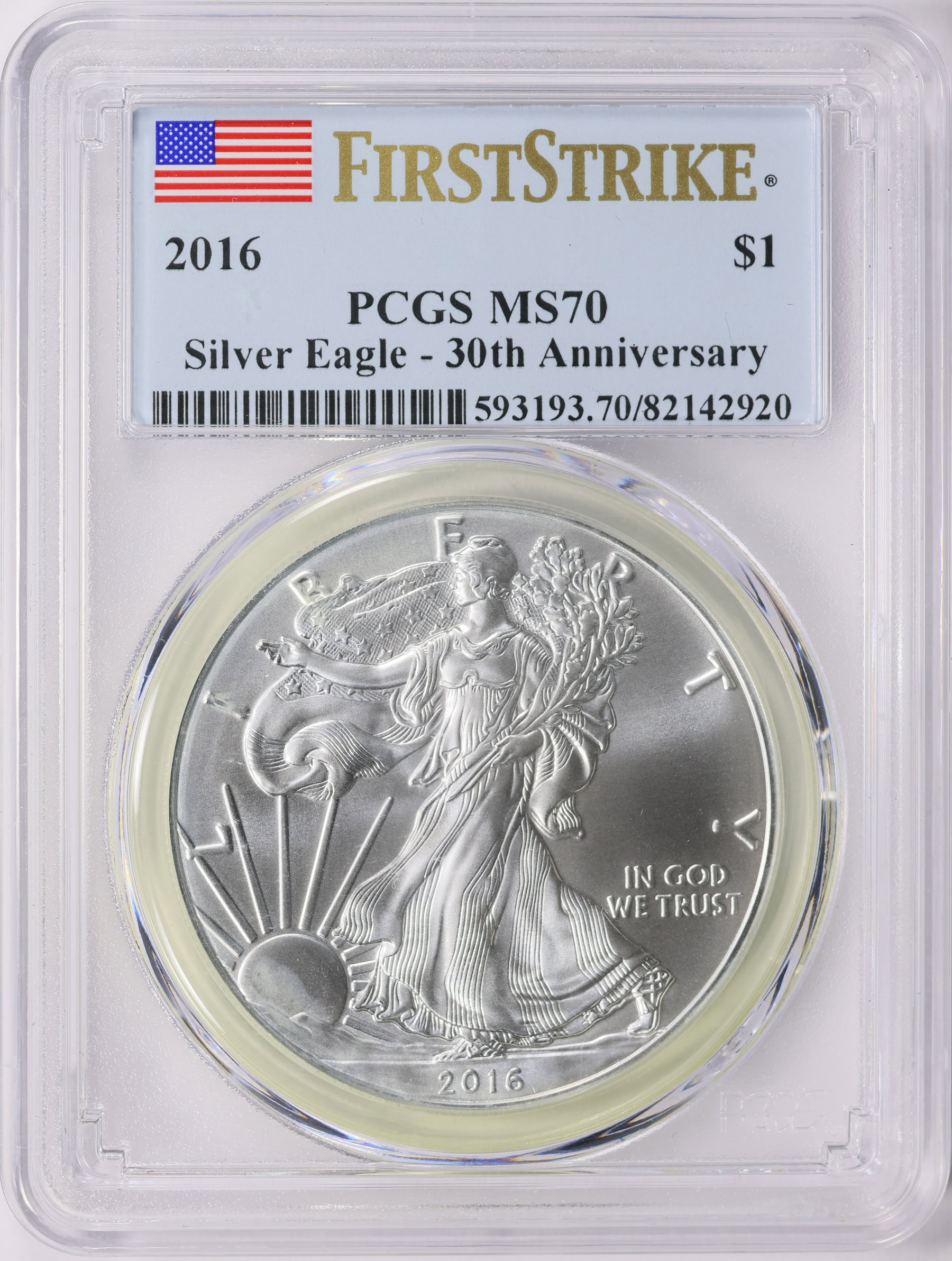 2016 $1 Silver Eagle First Strike 30th Anniversary PCGS MS-70