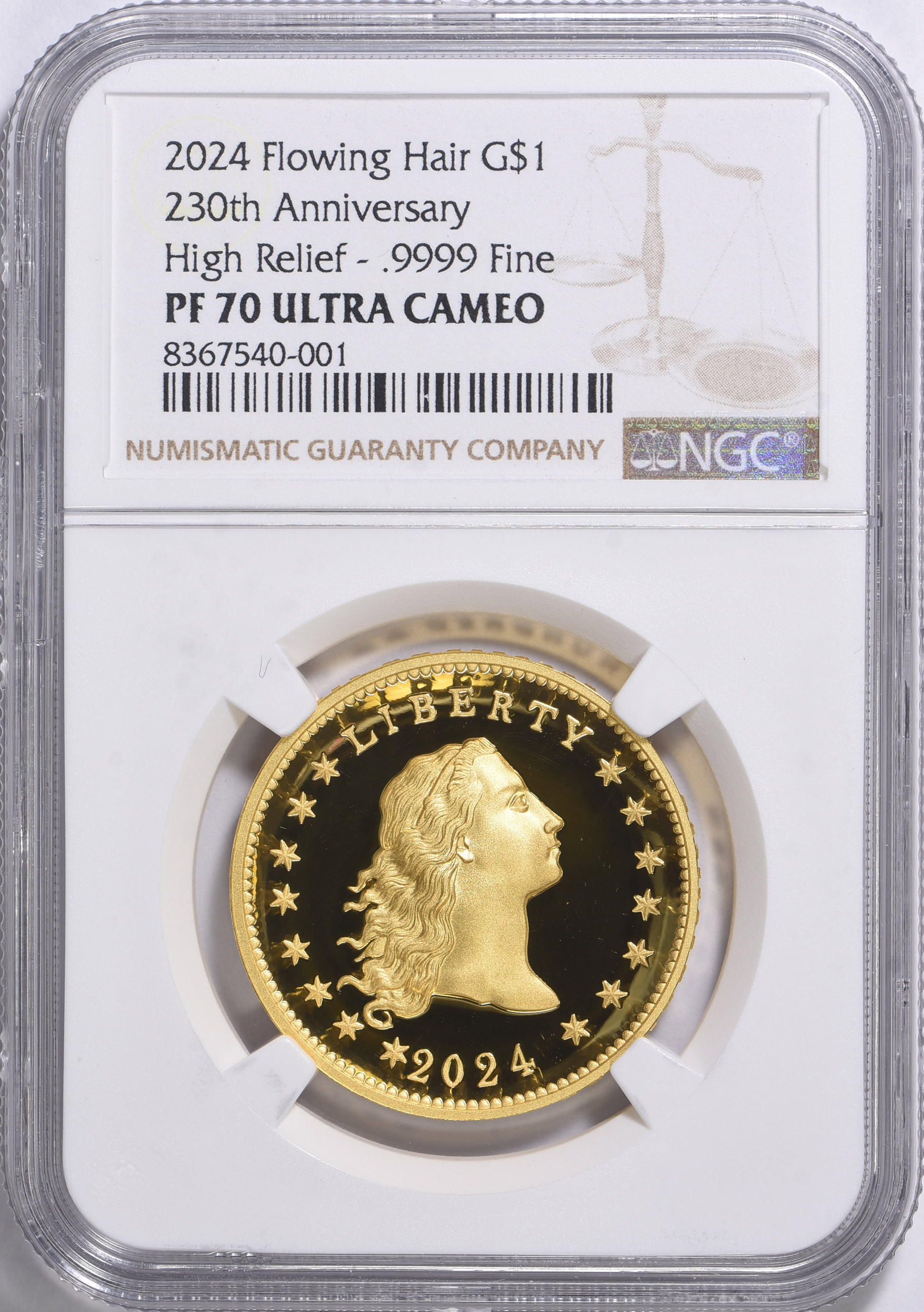 230th Anniversary Flowing Hair High Relief Gold Coin 2024 Flowing Hair High Relief Gold Dollar 230th Anniversary NGC Proof