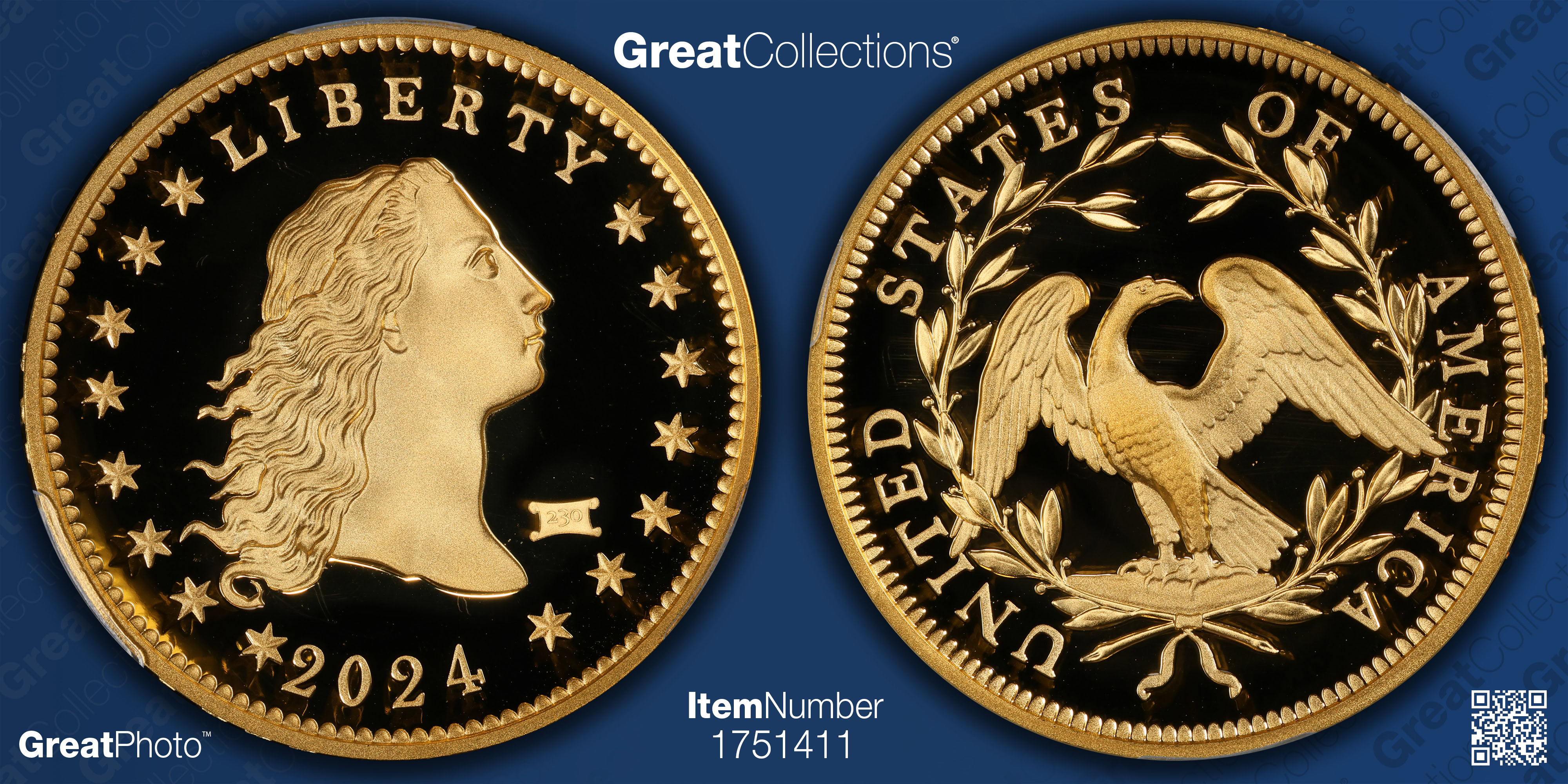 2024 Flowing Hair High Relief Gold Dollar 230th Anniversary Privy
