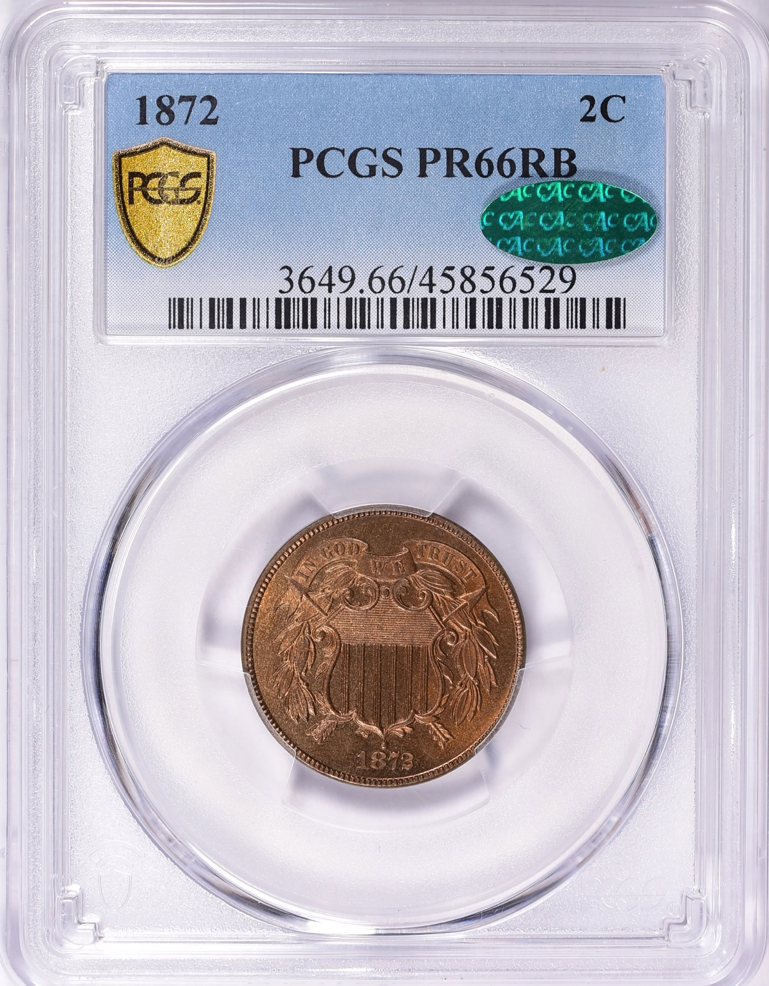 1872 TwoCent Piece PCGS Proof66 RB (CAC Green) (Item 1752275