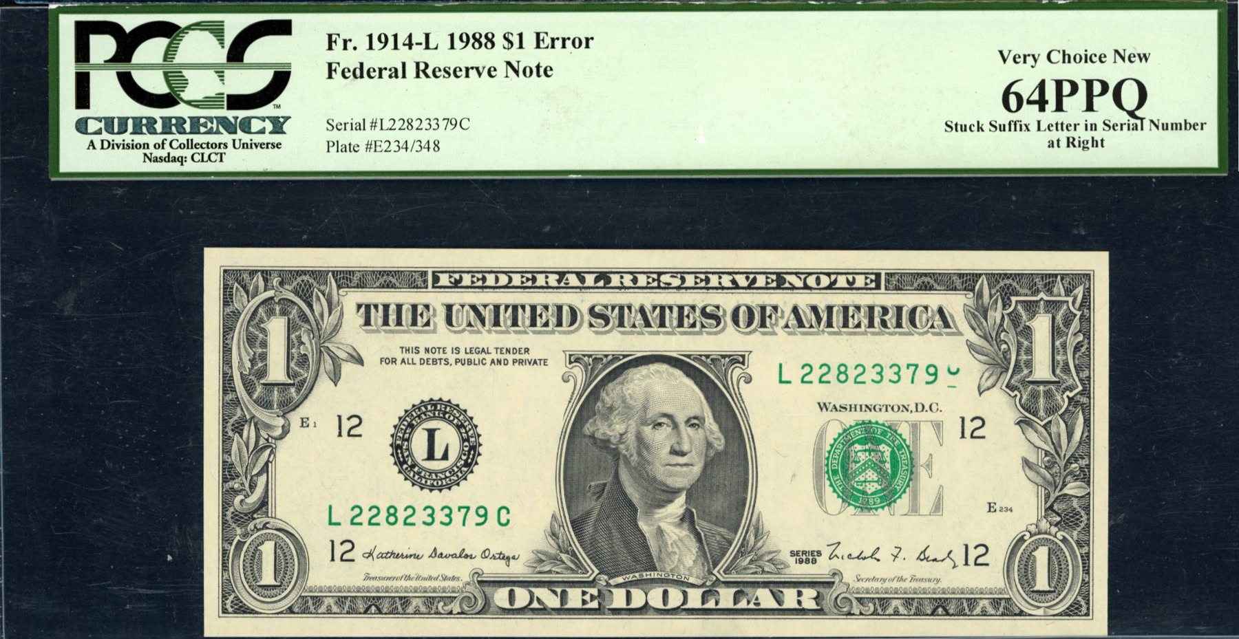 Error Fran Fr. 1914-L (LC Block) 1988 $1 San Francisco Federal Reserve Error Note ...