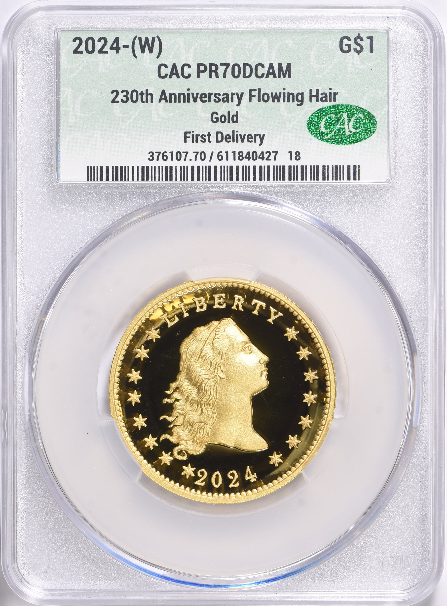 230th Anniversary Flowing Hair High Relief Gold Coin 2024-(W) Flowing Hair High Relief Gold Dollar 230th Anniversary First