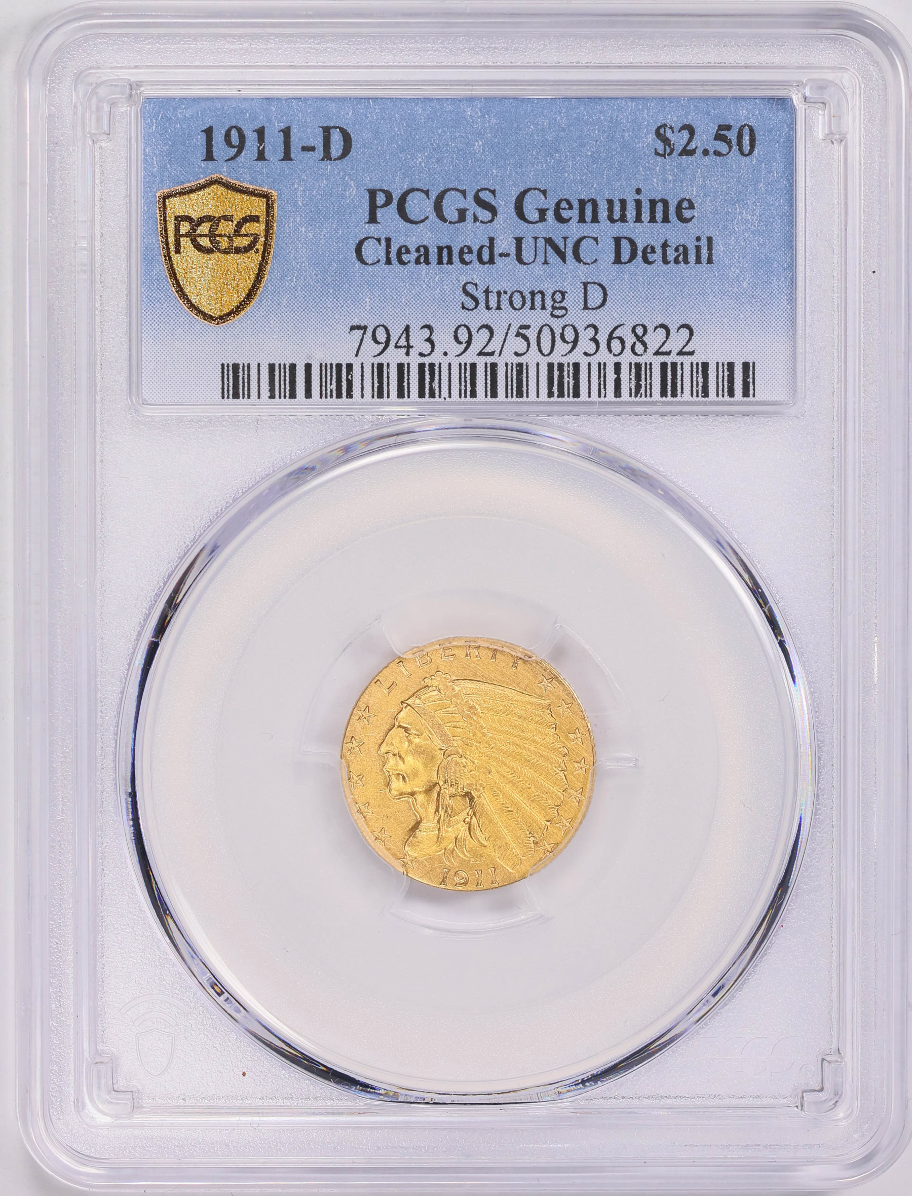 1911-D Indian Gold Quarter Eagle Strong D PCGS Genuine Unc Details ...