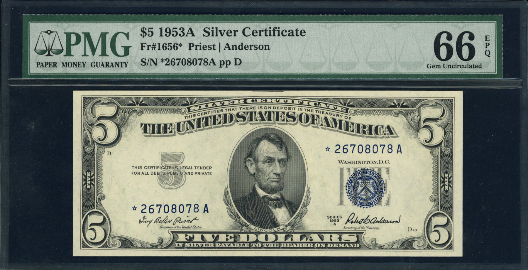 Fr. 1656* (*A Block) 1953A $5 Silver Certificate Star Note Priest ...