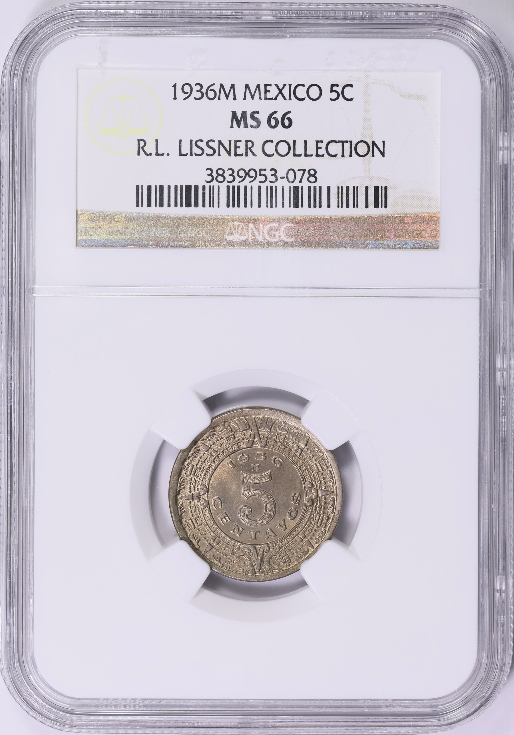 Mexico 1936-M 5 Centavos KM-423 NGC MS-66 (Ex: R.L. Lissner