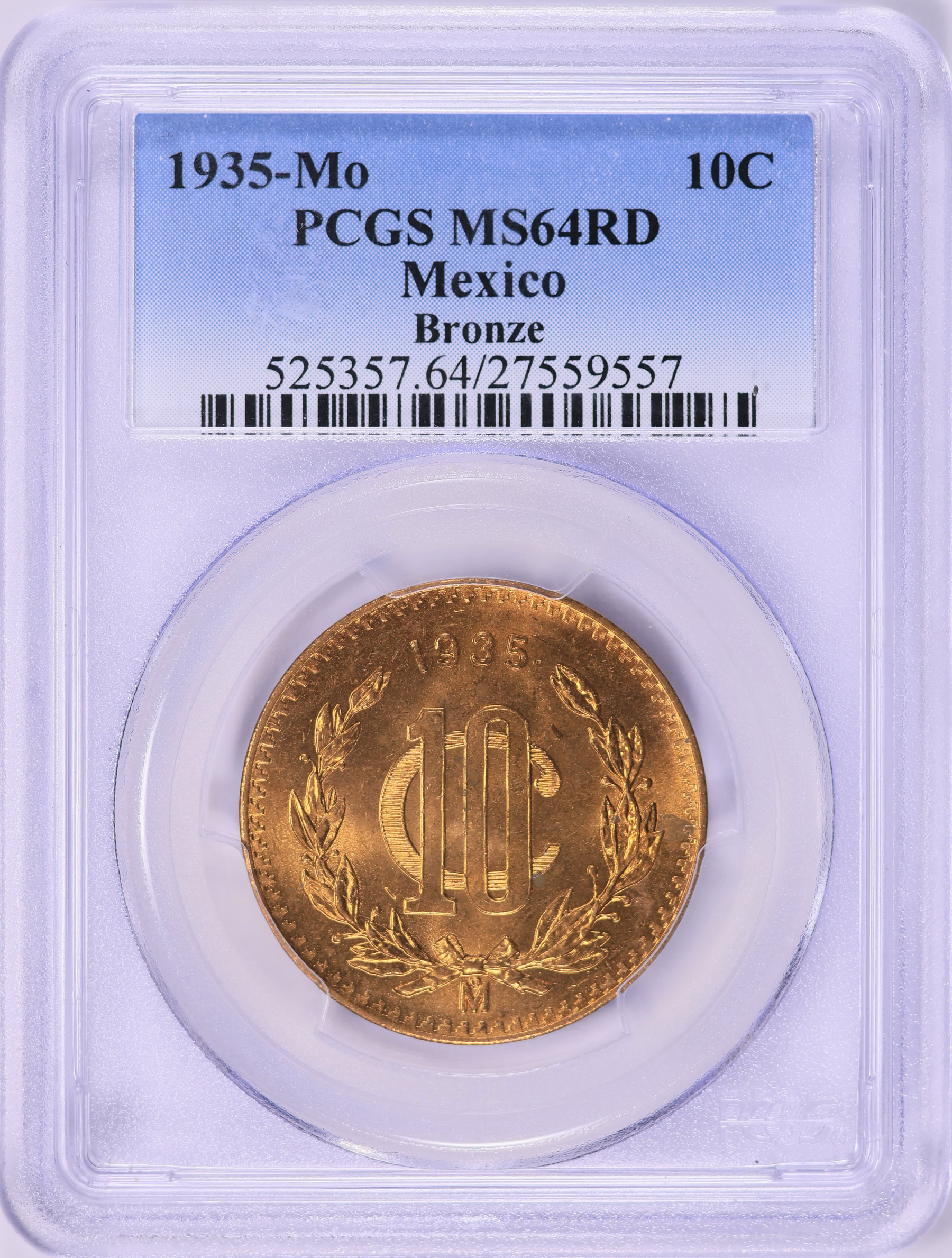 Mexico 1935-Mo 10 Centavos Bronze KM-430 PCGS MS-64 RD (Item