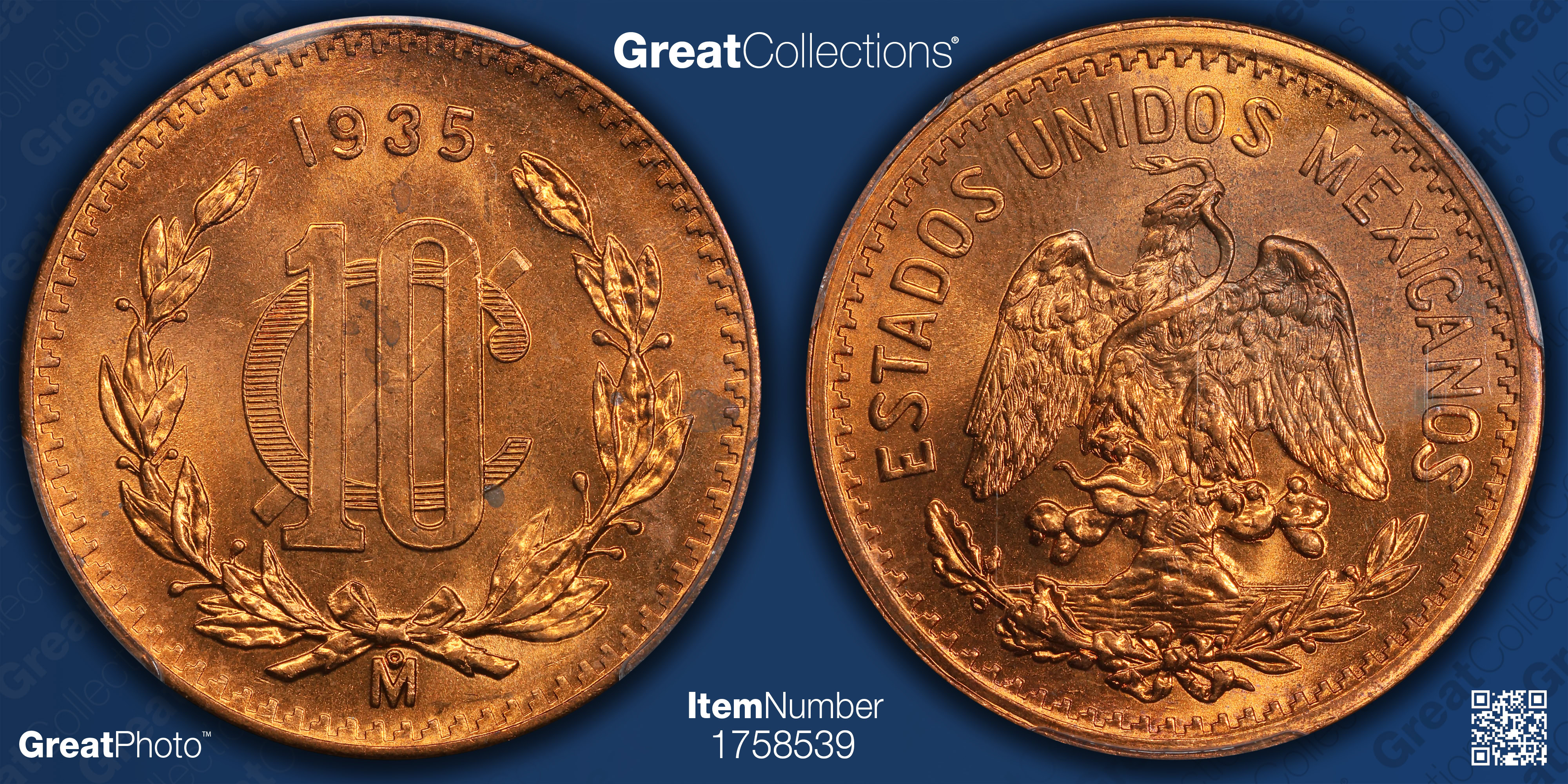 Mexico 1935-Mo 10 Centavos Bronze KM-430 PCGS MS-64 RD (Item