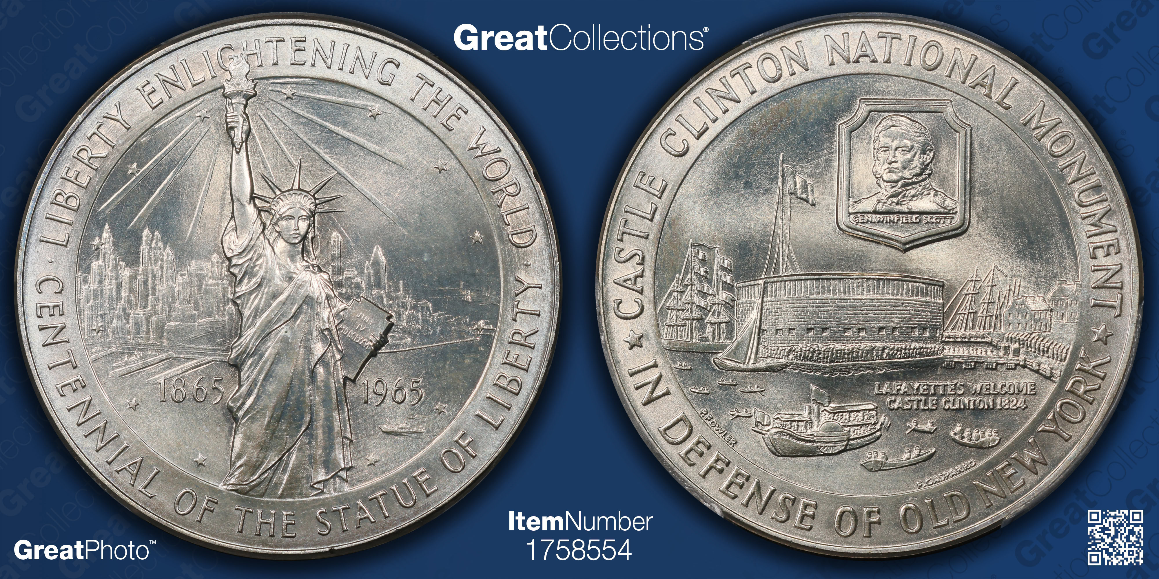 1965 Castle Clinton National Monument Silver Medal D1965-3b PCGS MS-67  (Item 1758554) | GreatCollections Coin Auctions