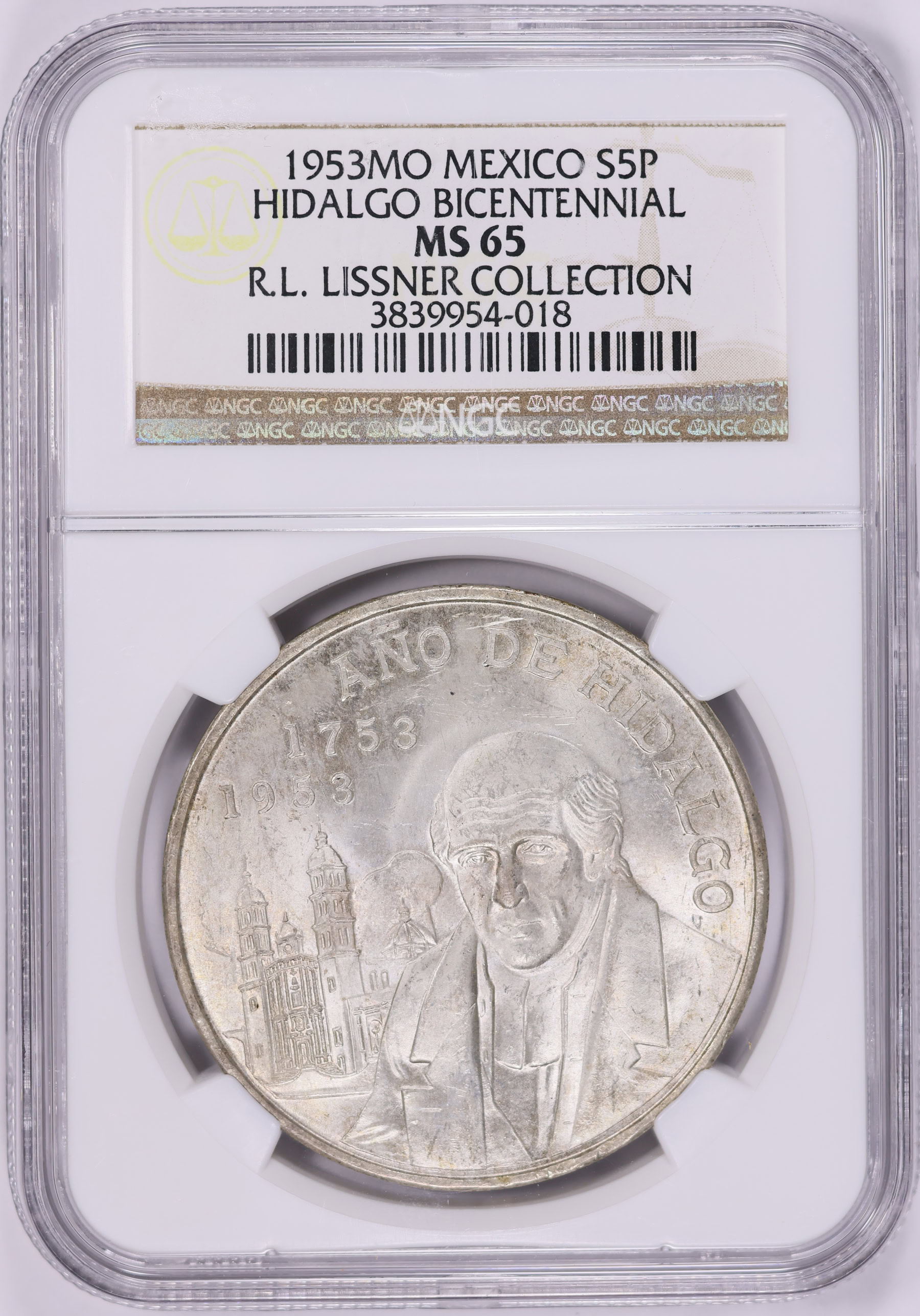 Mexico 1953-Mo Silver 5 Pesos Hidalgo KM-468 NGC MS-65 (Ex: R.L.