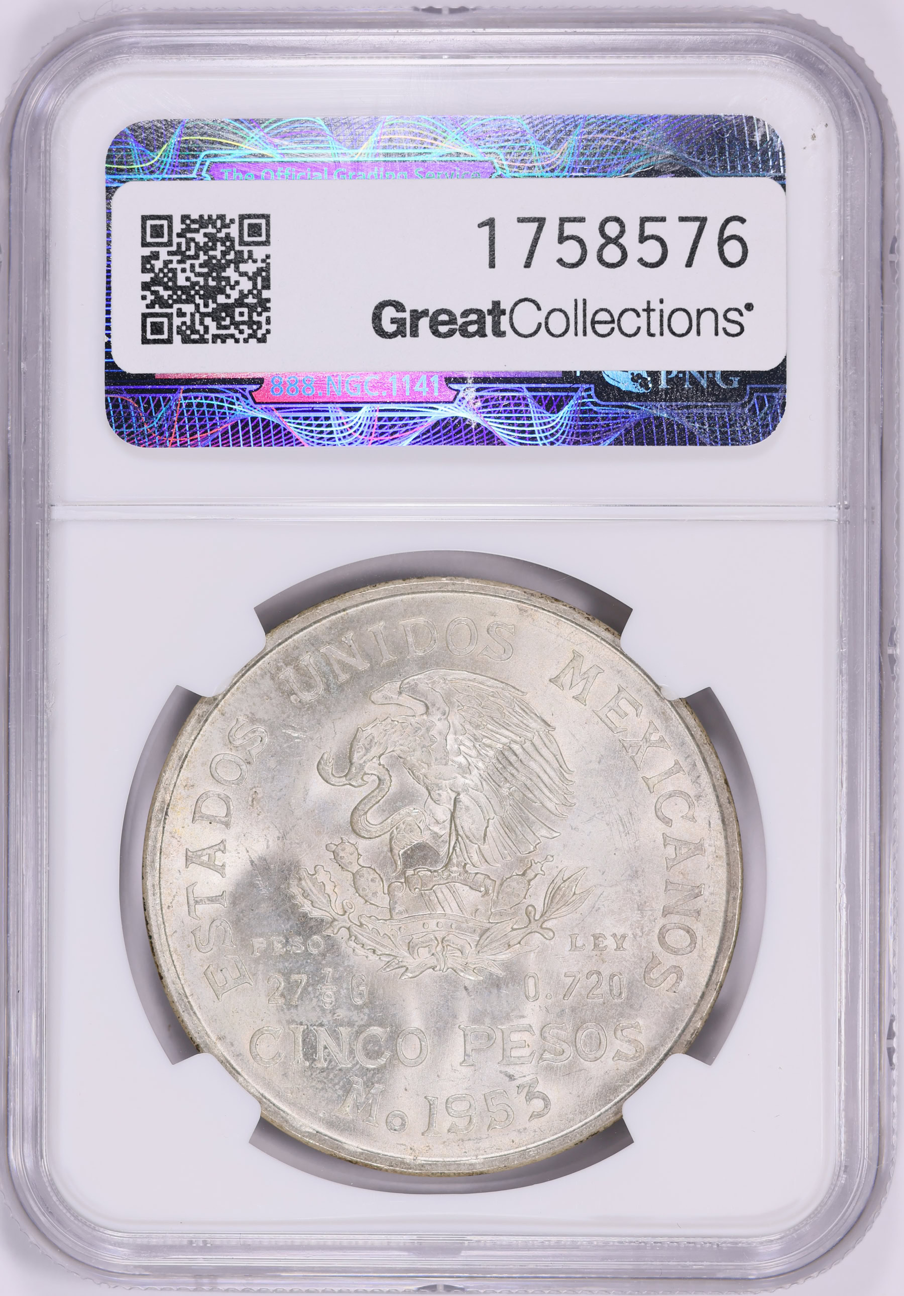Mexico 1953-Mo Silver 5 Pesos Hidalgo KM-468 NGC MS-65 (Ex: R.L.