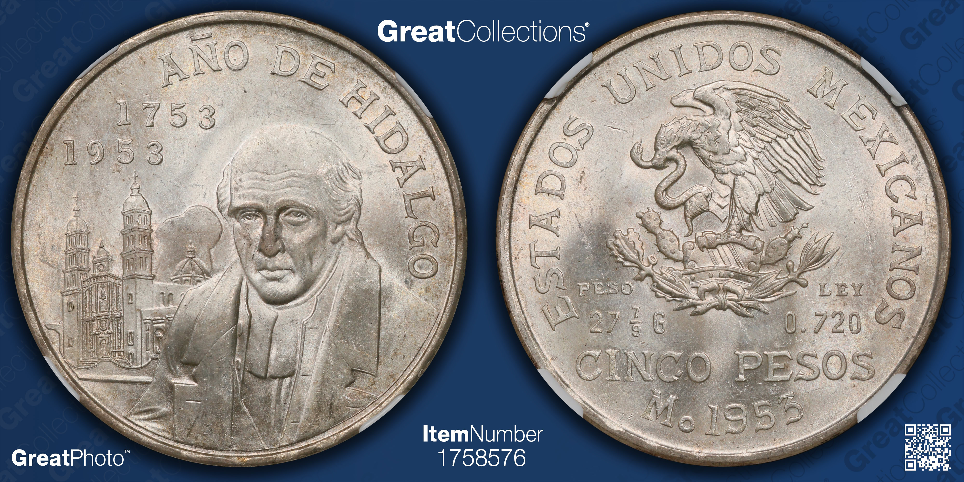 Mexico 1953-Mo Silver 5 Pesos Hidalgo KM-468 NGC MS-65 (Ex: R.L.