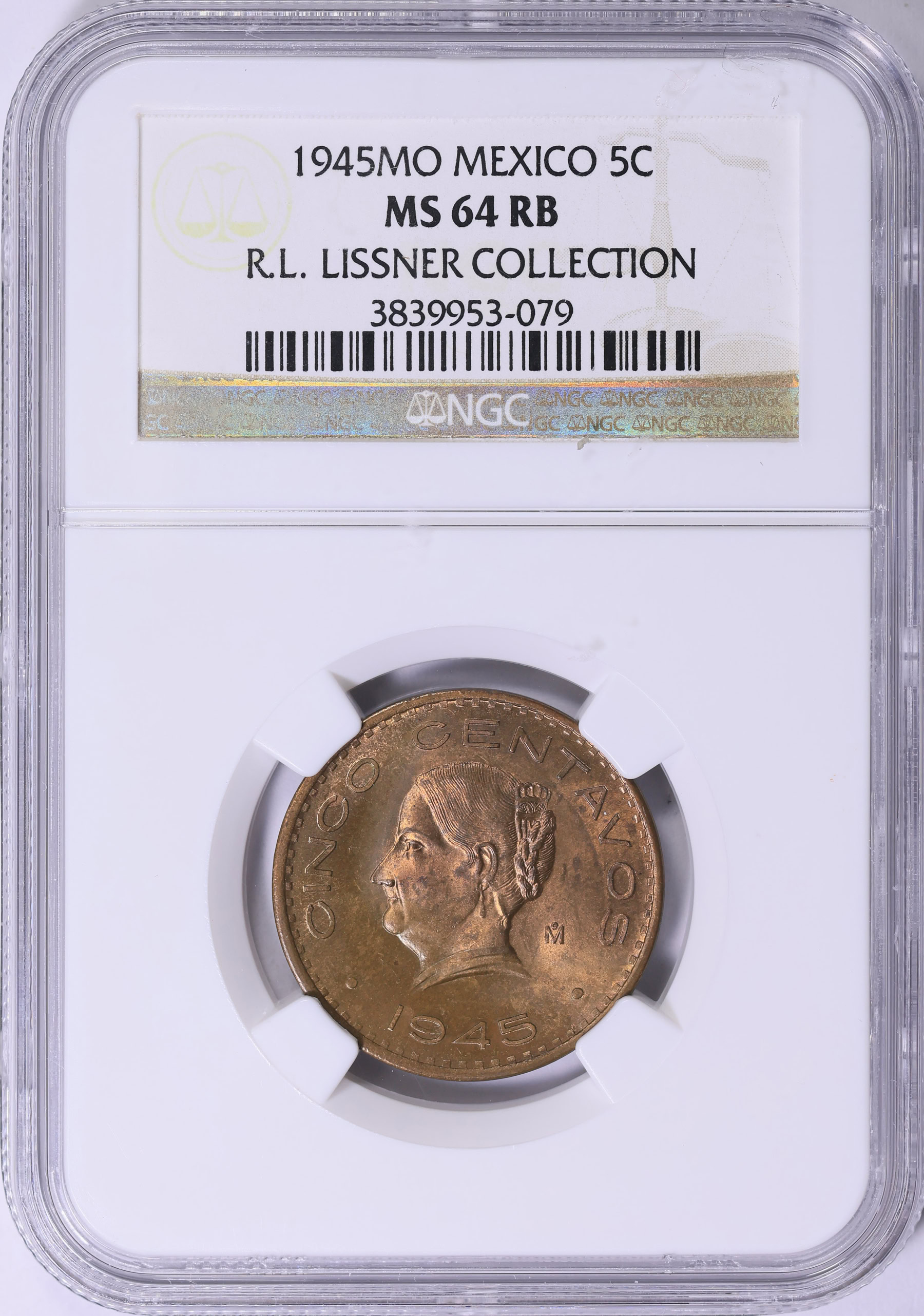 Mexico 1945-Mo 5 Centavos KM-424 NGC MS-64 RB (Ex: R.L. Lissner