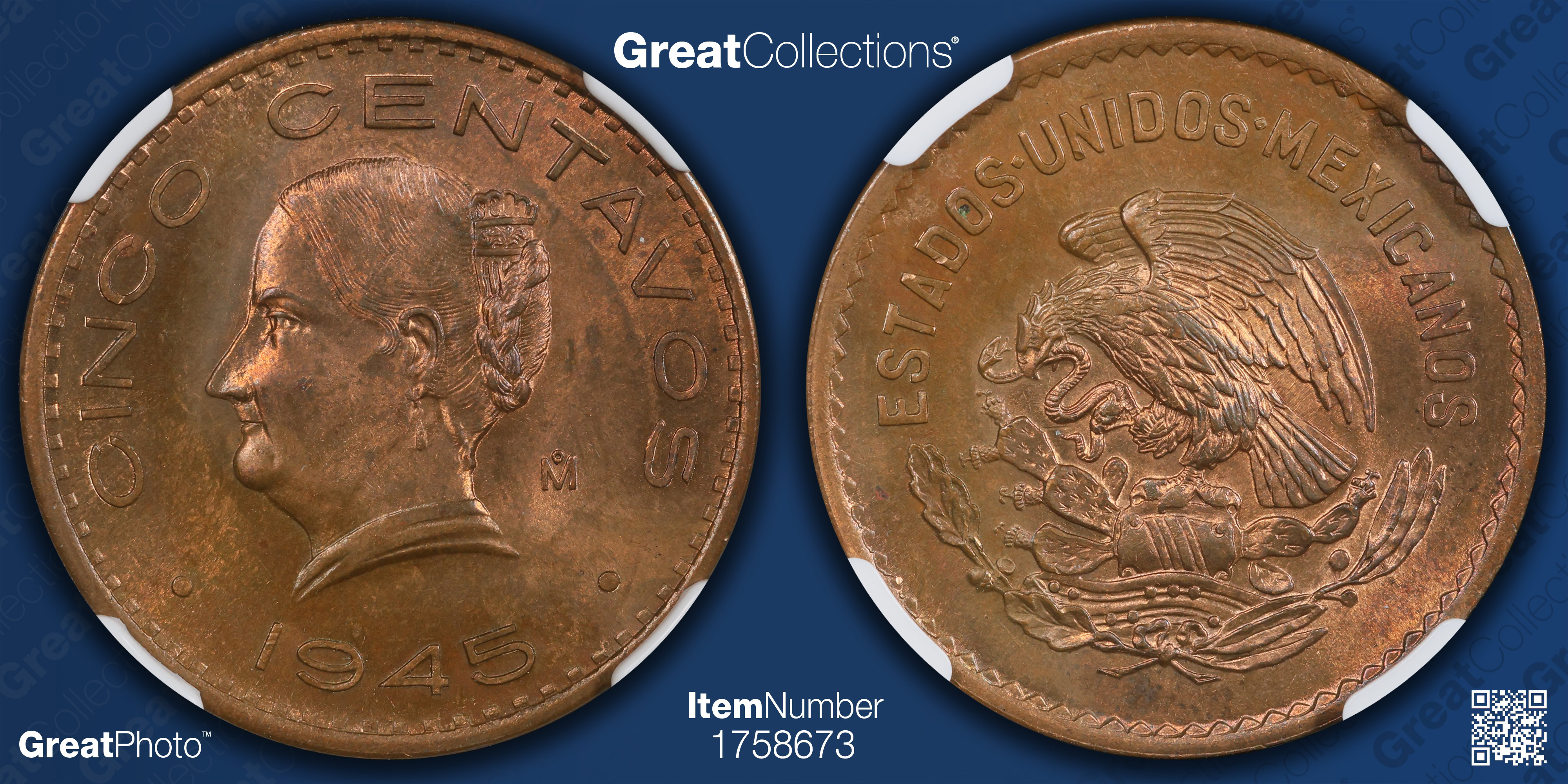 Mexico 1945-Mo 5 Centavos KM-424 NGC MS-64 RB (Ex: R.L. Lissner