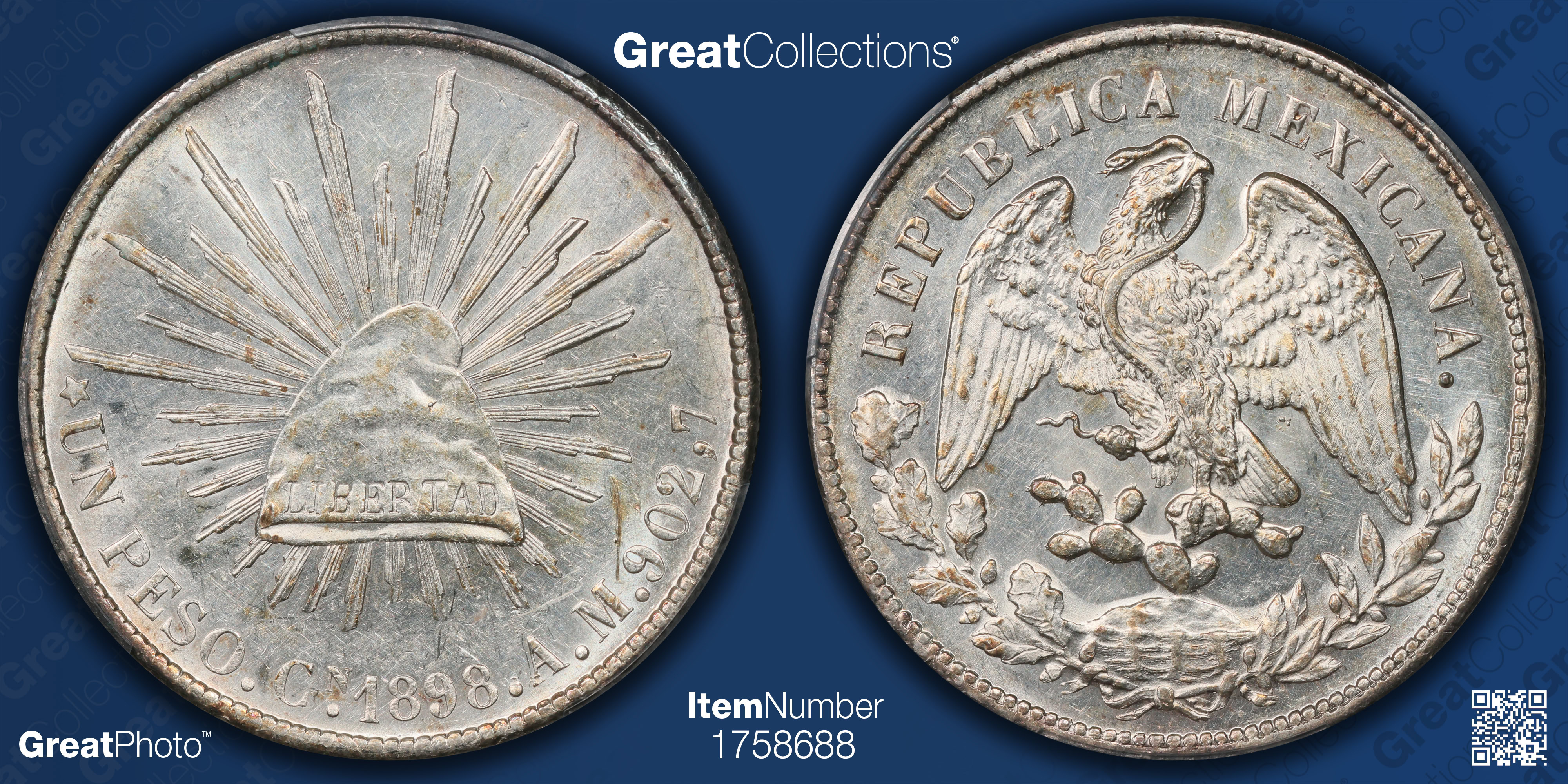 Mexico 1898-Cn AM Silver Peso KM-409 PCGS MS-62 (Item 1758688
