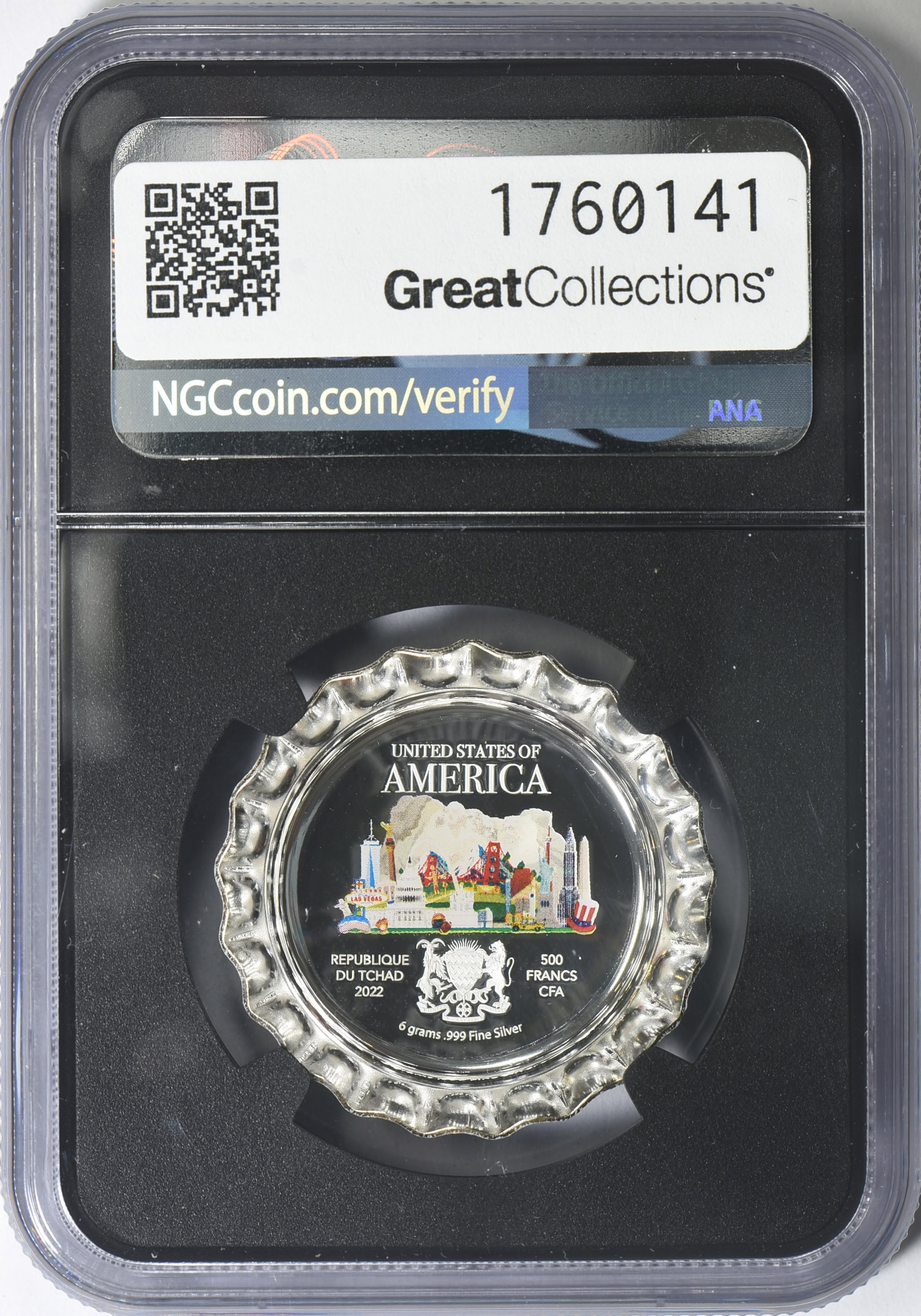 Chad 2022 Colorized Silver 500 Francs USA Bottle Cap NGC Proof-70