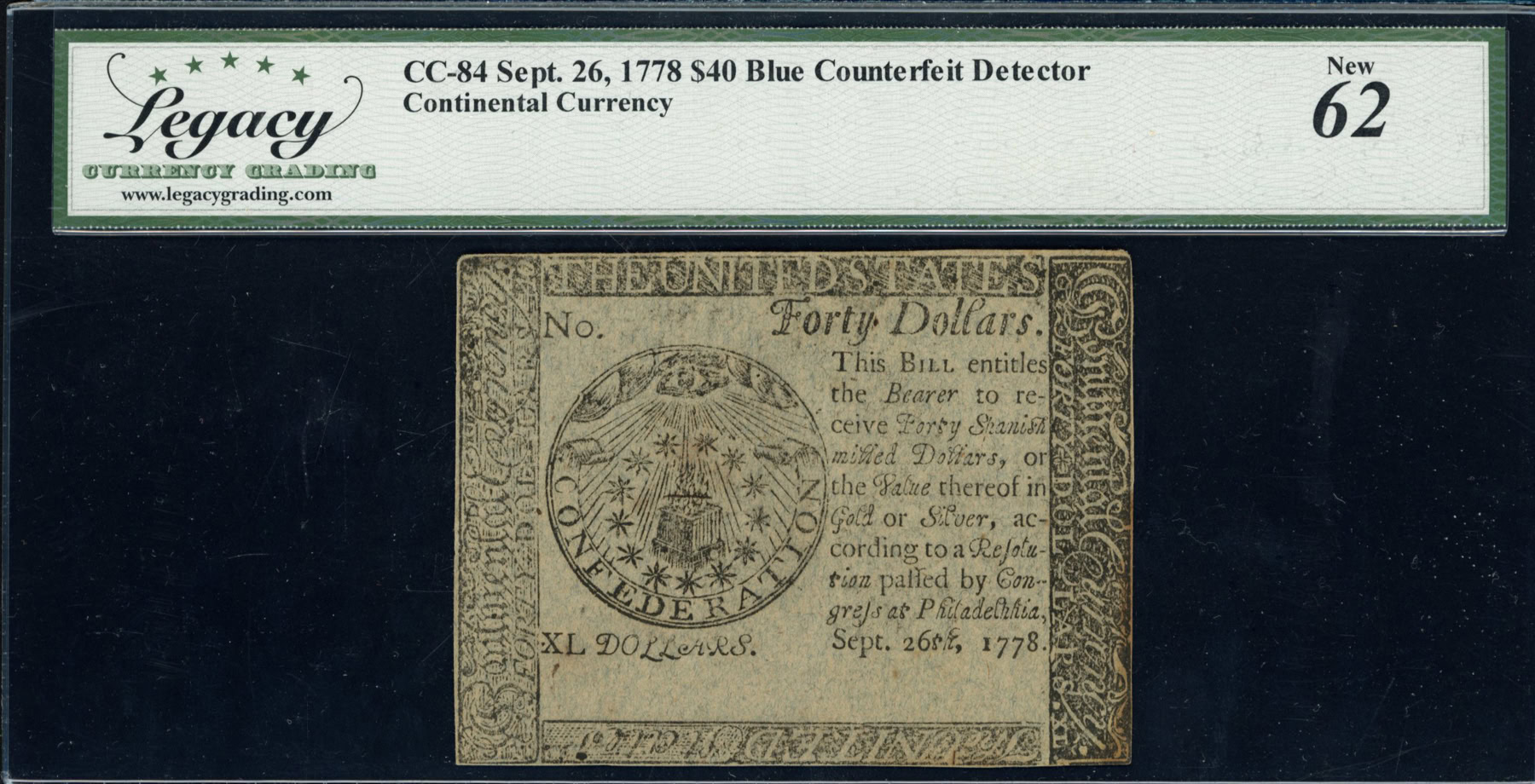 Fr. CC-84DT Sep. 26, 1778 $40 Continental Currency Counterfeit Detector ...