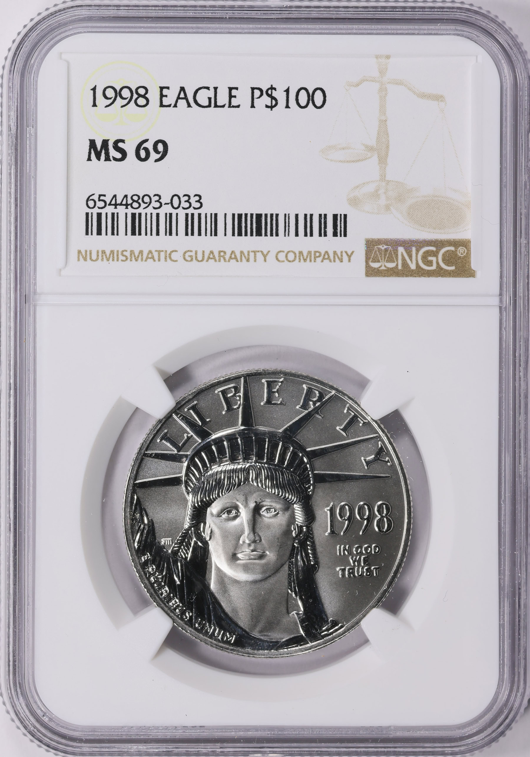 1998 $100 One-Ounce Platinum American Eagle NGC MS-69 (Item