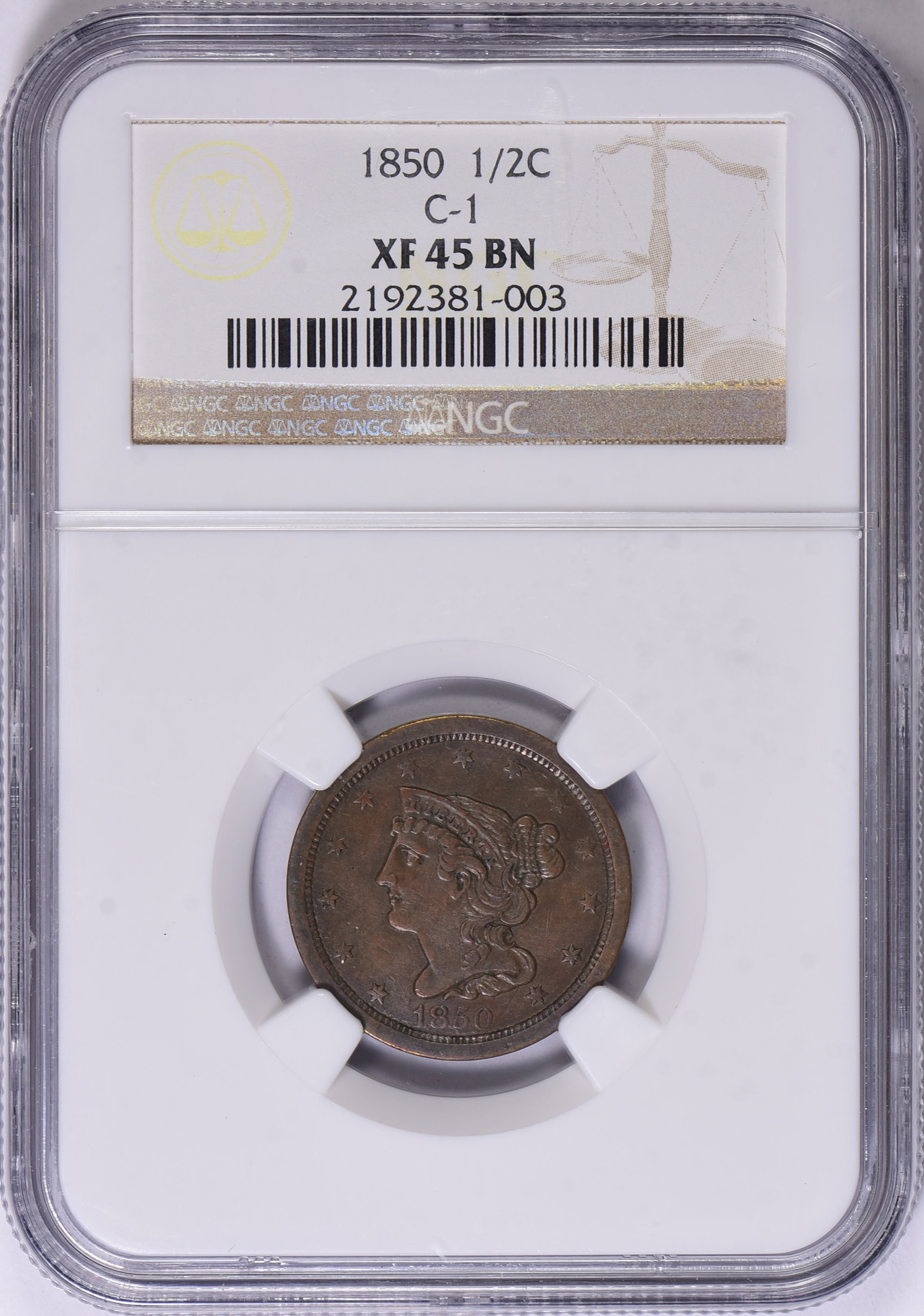 1850 Braided Hair Half Cent Cohen 1 NGC XF-45 BN (Item 1766429