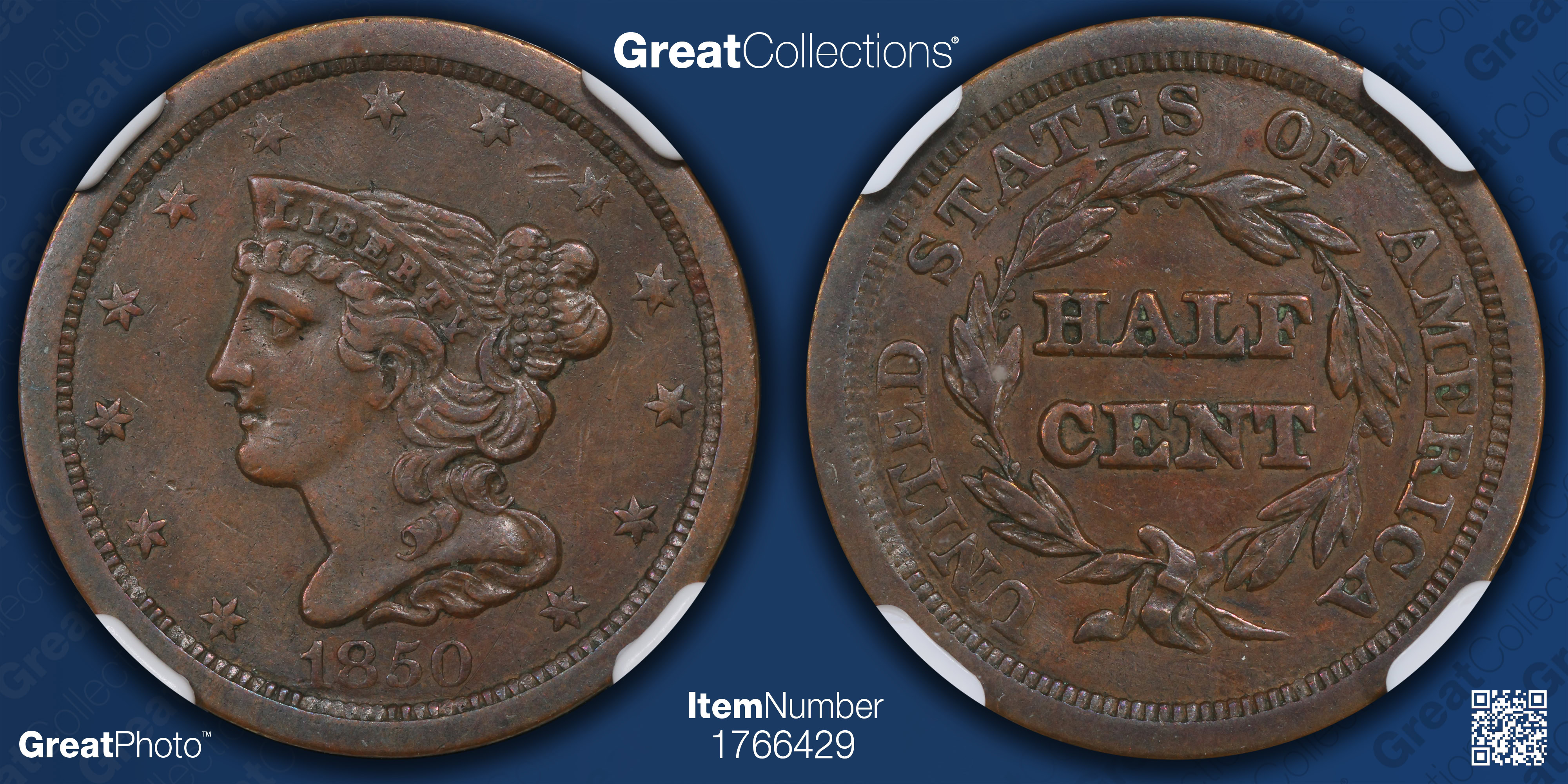 1850 Braided Hair Half Cent Cohen 1 NGC XF-45 BN (Item 1766429