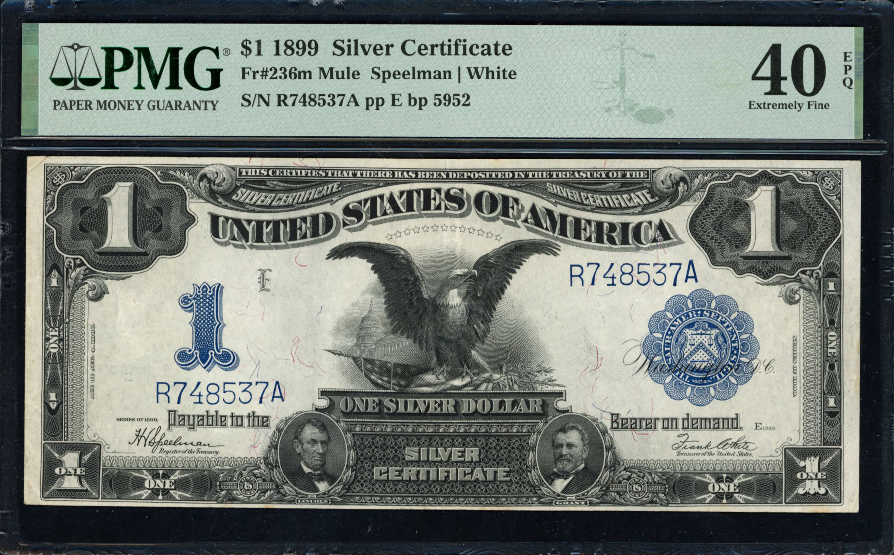 Mule Note Example Fr. 236m 1899 $1 Silver Certificate Mule Note Speelman / White PMG ...