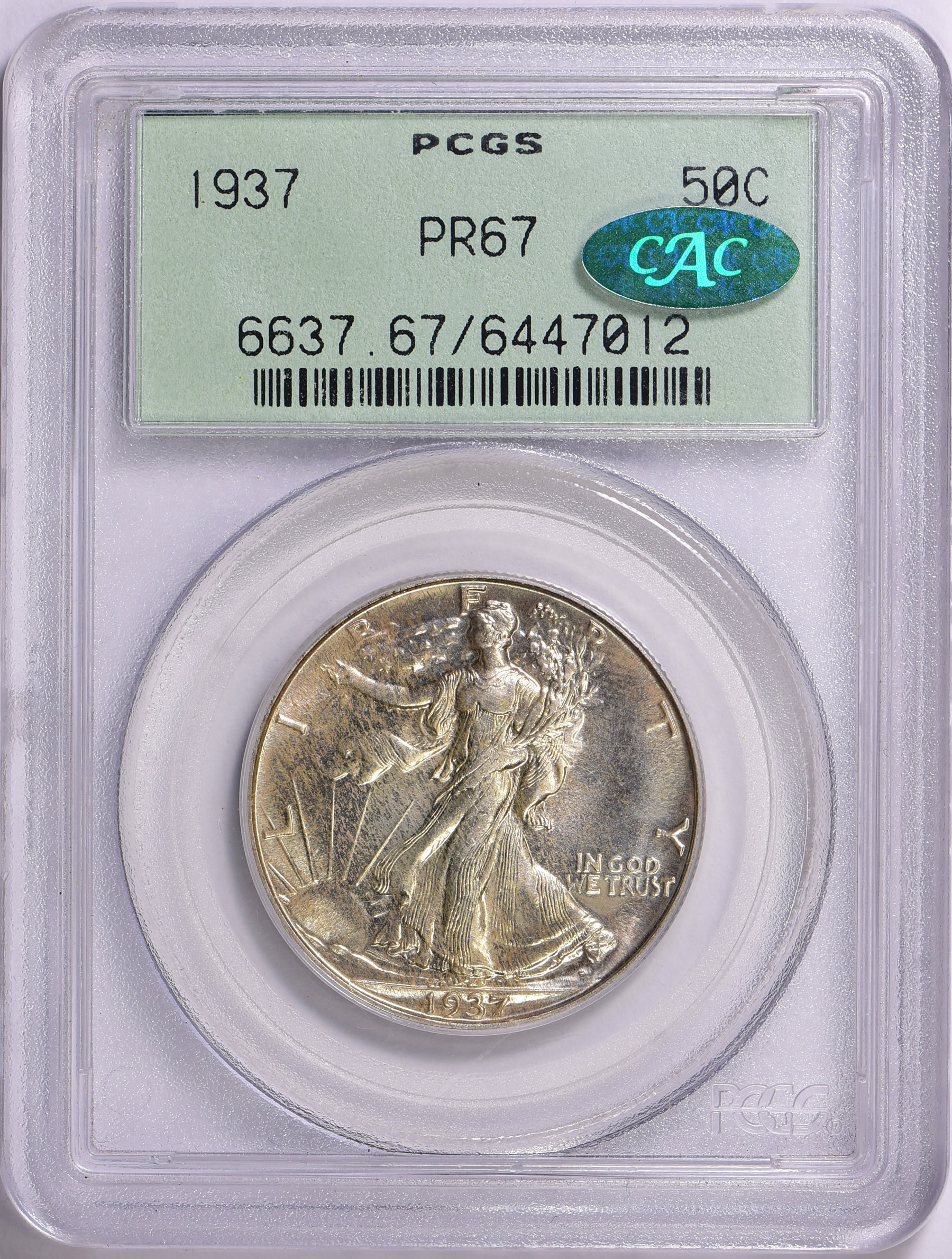 1937 Walking Liberty Half Dollar PCGS Proof-67 (CAC Green) OGH (Toned ...