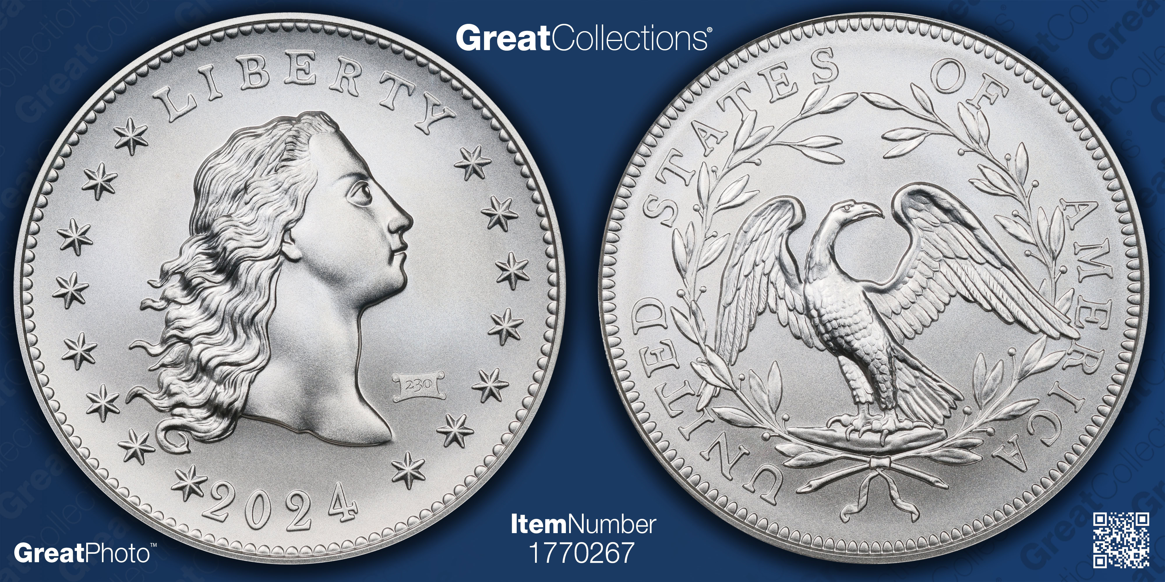 2024 U.S. Mint Medal Flowing Hair Silver w/ 230 Privy 230th Anniversary - 2024 Flowing Hair Silver Medal For Sale