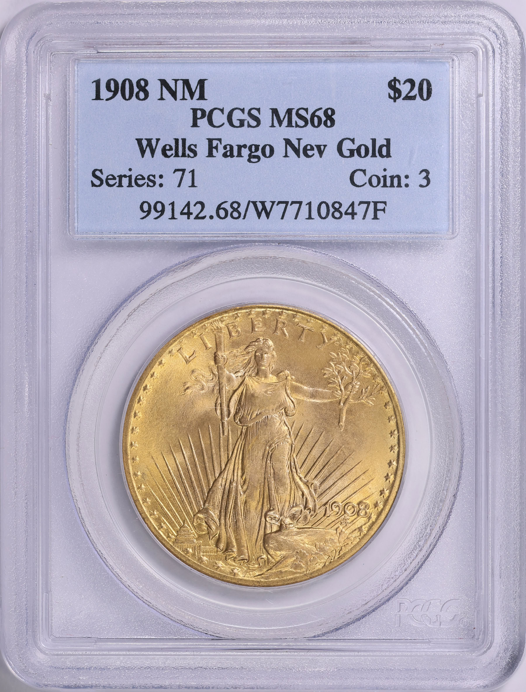 1908 Saint-Gaudens Gold Double Eagle No Motto Wells Fargo Nevada